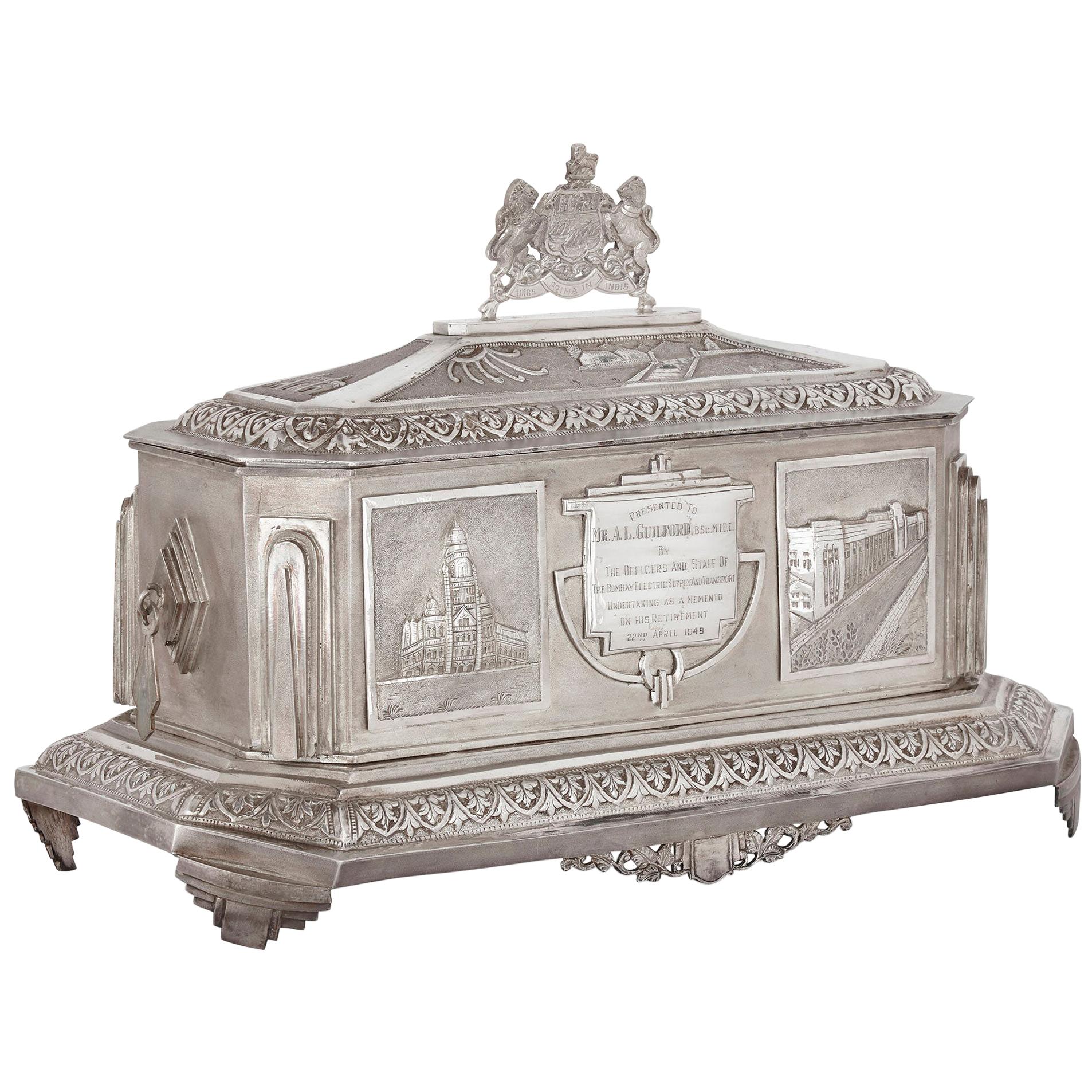 Anglo-Indian Art Deco Silver Presentation Casket For Sale