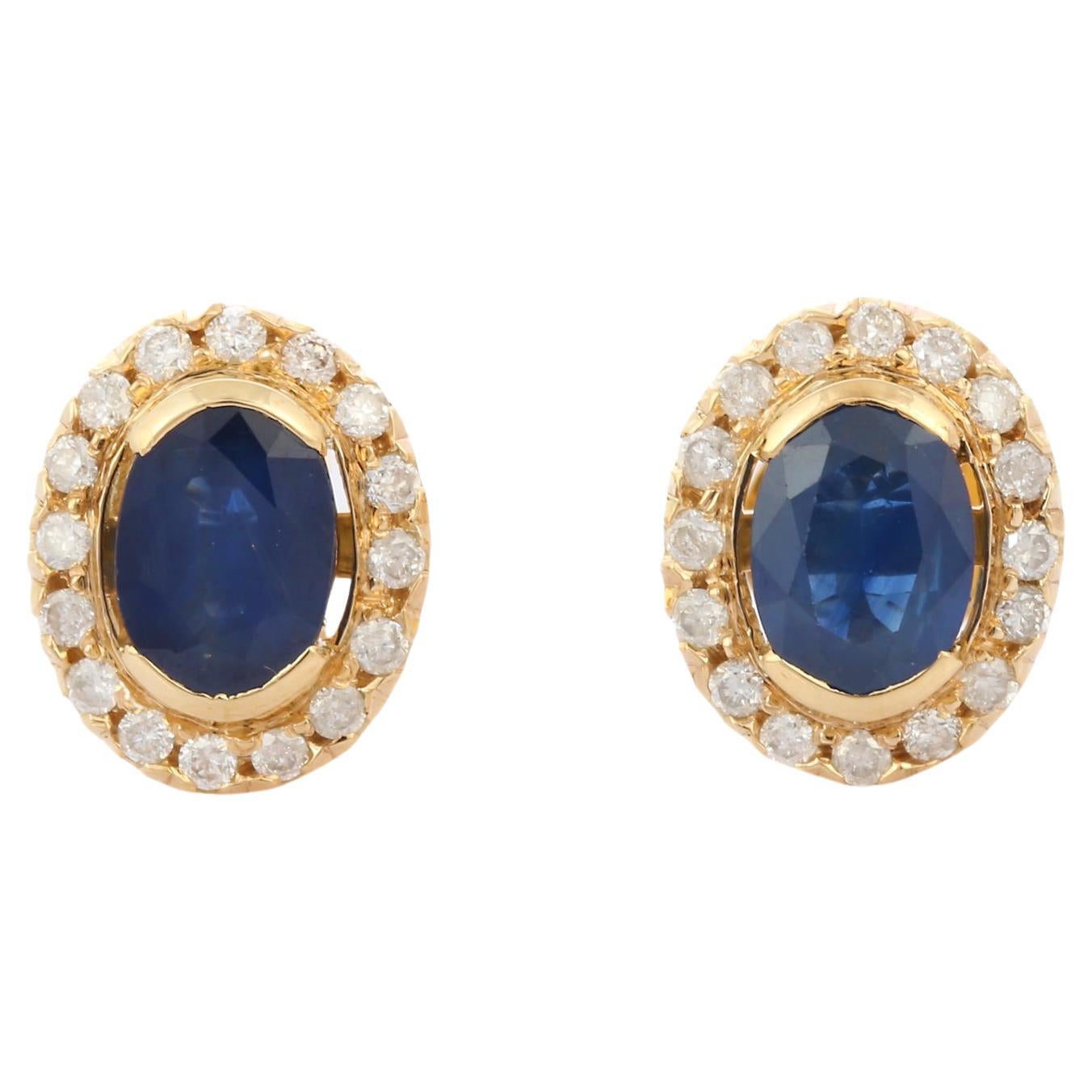 Anglo Indian Blue Sapphire and Diamond Stud Earrings in 18 Karat Yellow Gold For Sale