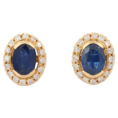 Anglo Indian Blue Sapphire and Diamond Stud Earrings in 18 Karat Yellow Gold