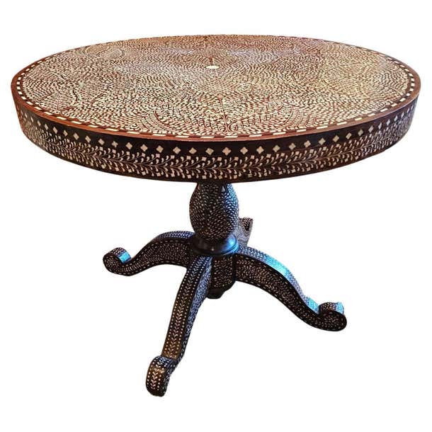 Indian Round Table Anglo Indian bone inlaid Center Pedestal Table For Sale at 1stDibs
