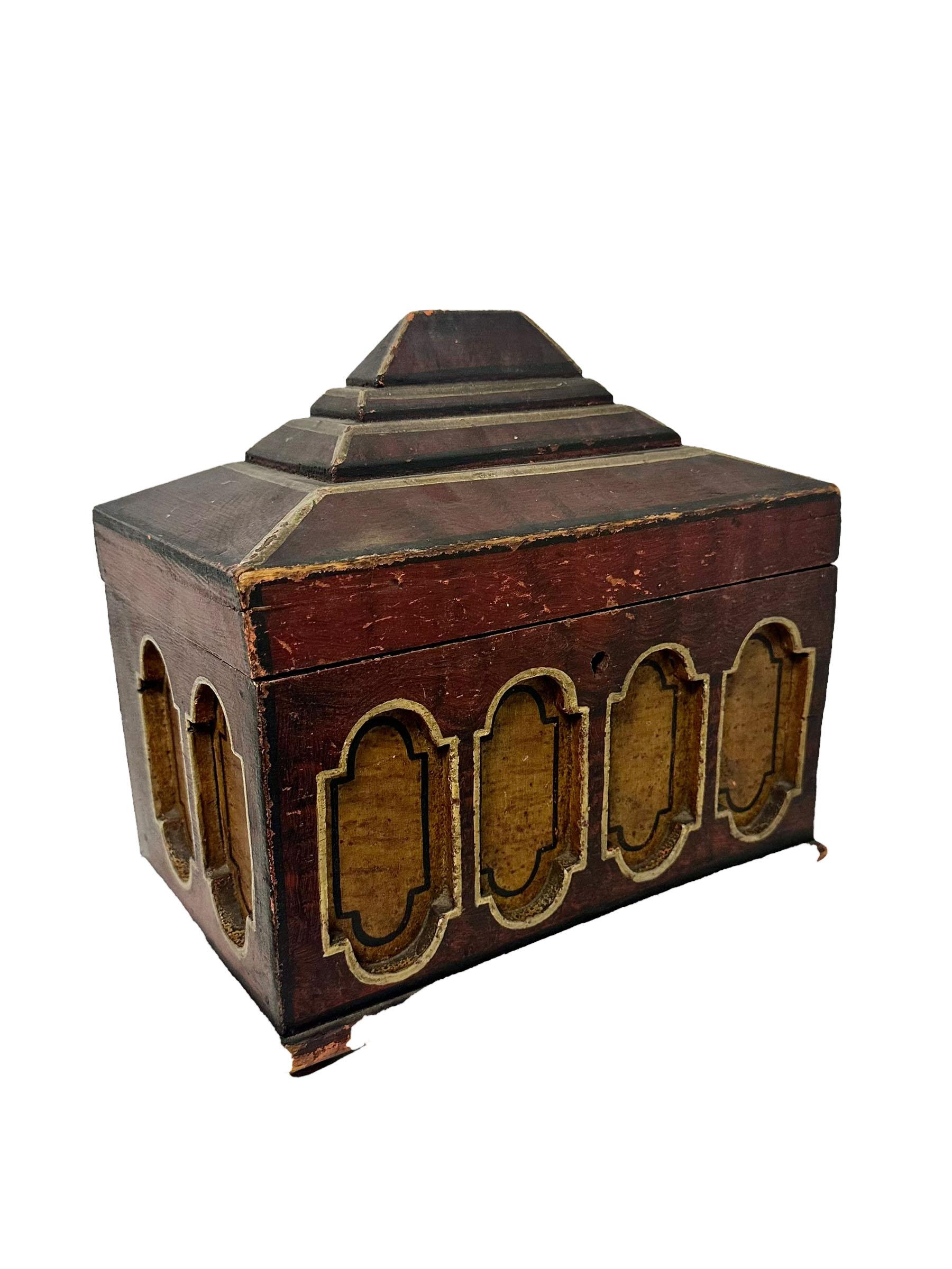 19th century Anglo Indian box with raised painted arches on front, fantastic with a lot of patina. Does not have a key has small button feet. 