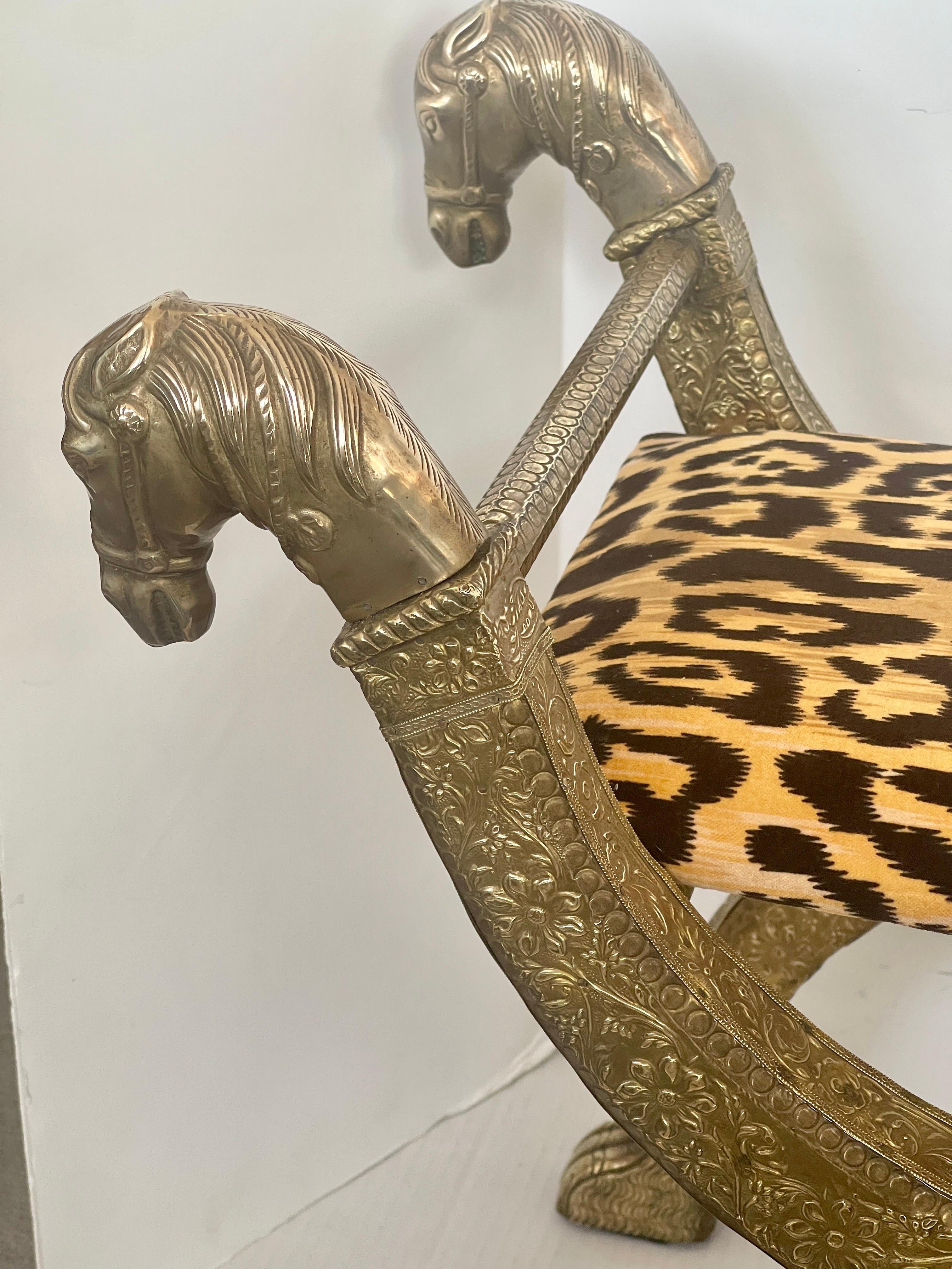 Anglo Indian  Brass-clad Embossed  Wood Stool, With Horse Heads 3