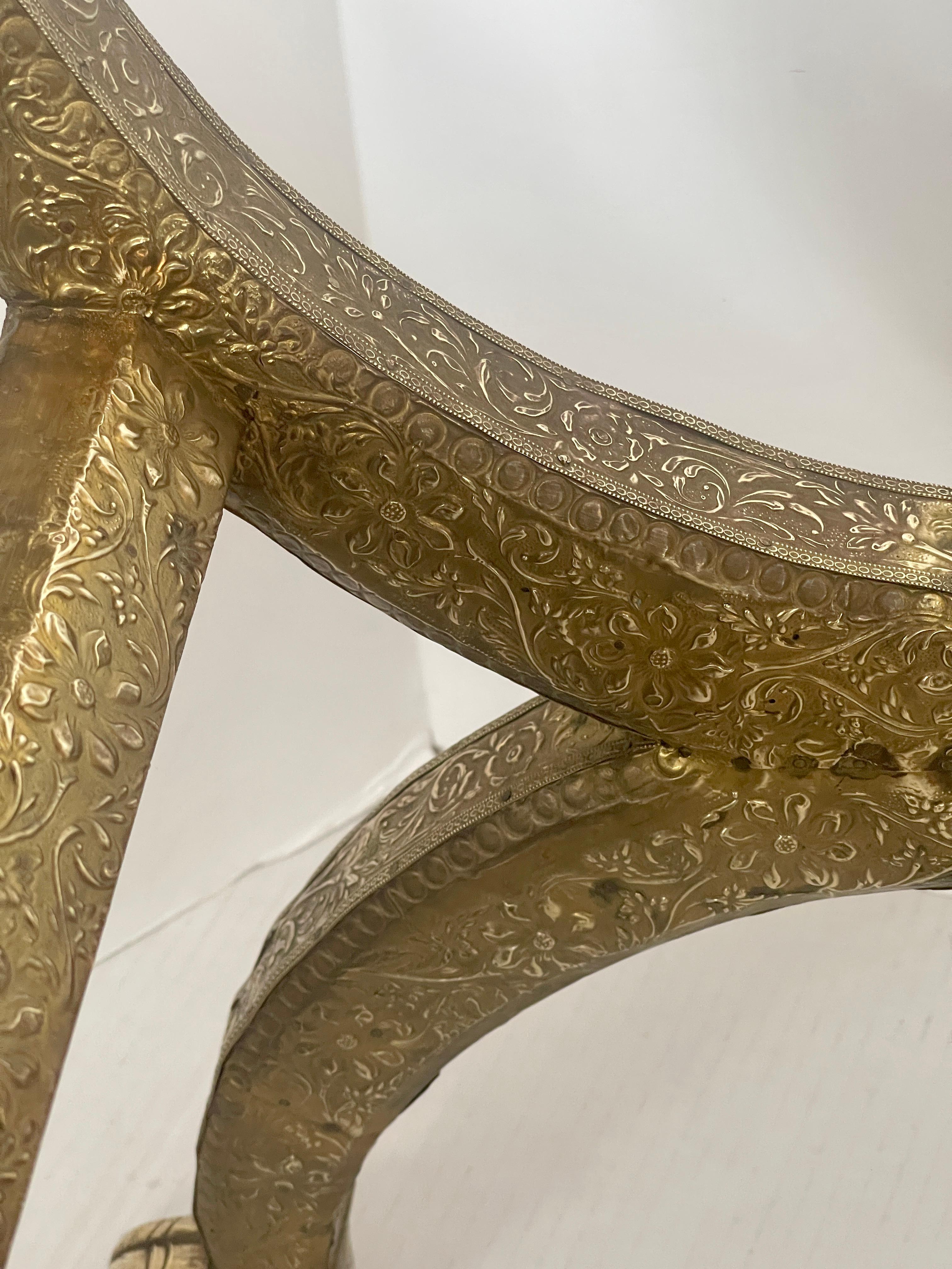 Anglo Indian  Brass-clad Embossed  Wood Stool, With Horse Heads 4