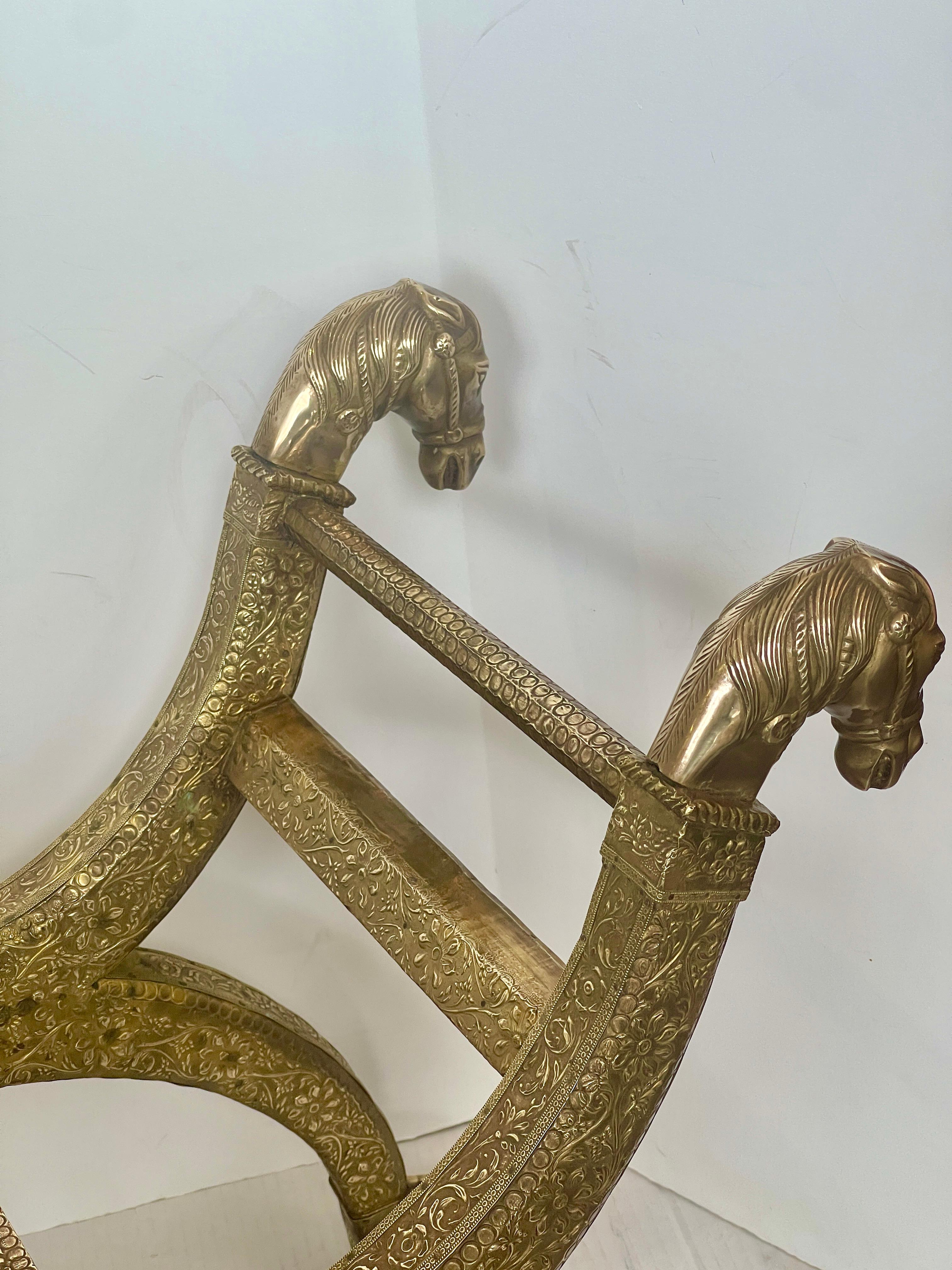 Anglo Indian  Brass-clad Embossed  Wood Stool, With Horse Heads 6