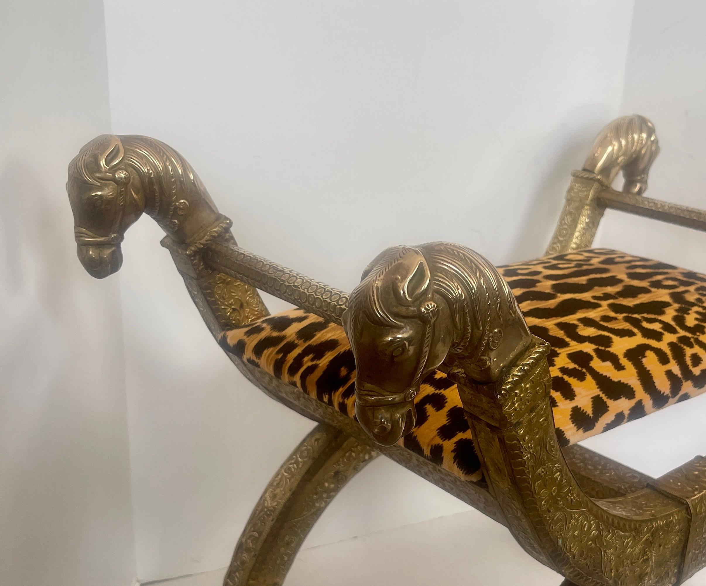 Anglo Indian  Brass-clad Embossed  Wood Stool, With Horse Heads 7