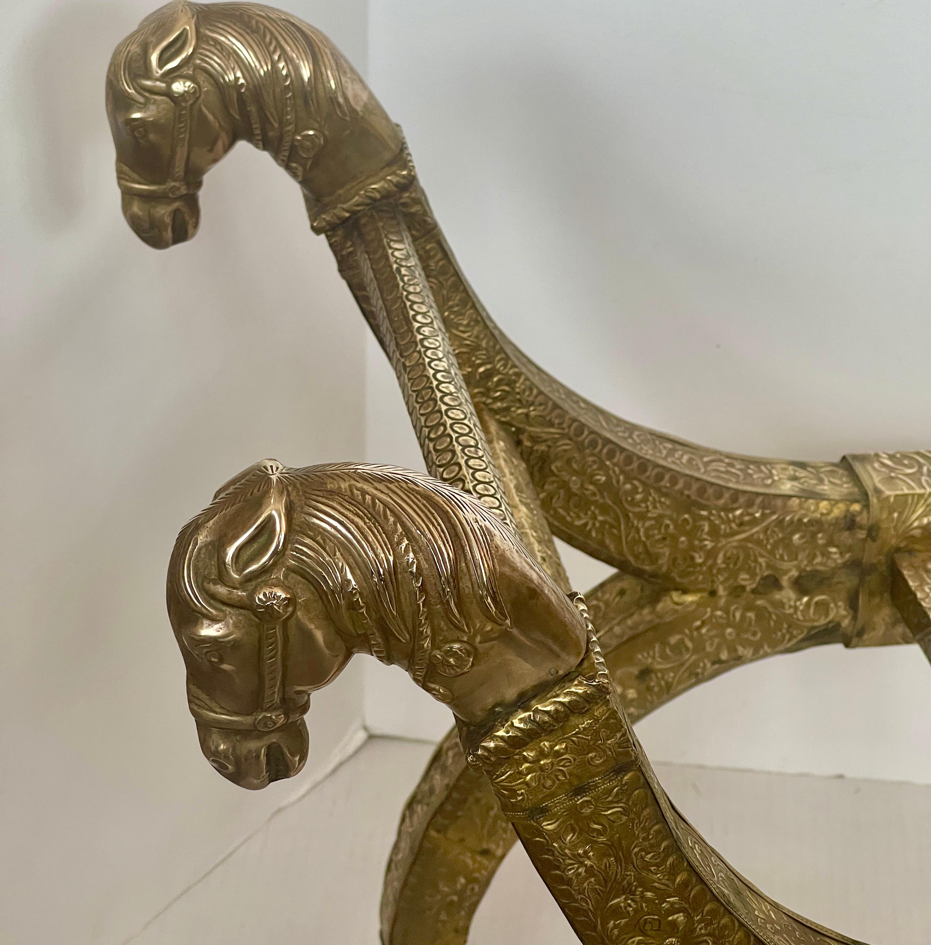 Anglo Indian  Brass-clad Embossed  Wood Stool, With Horse Heads 8