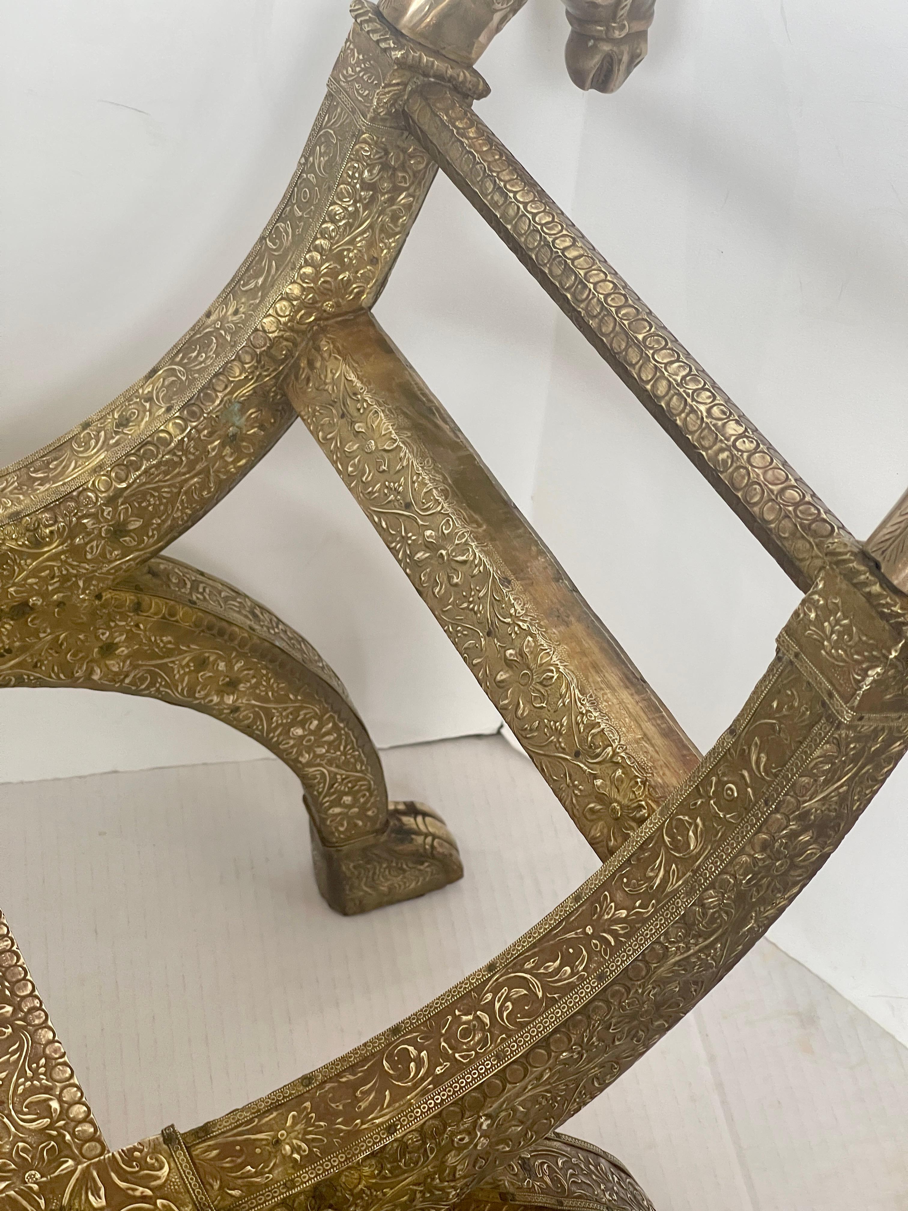 Anglo Indian  Brass-clad Embossed  Wood Stool, With Horse Heads 9