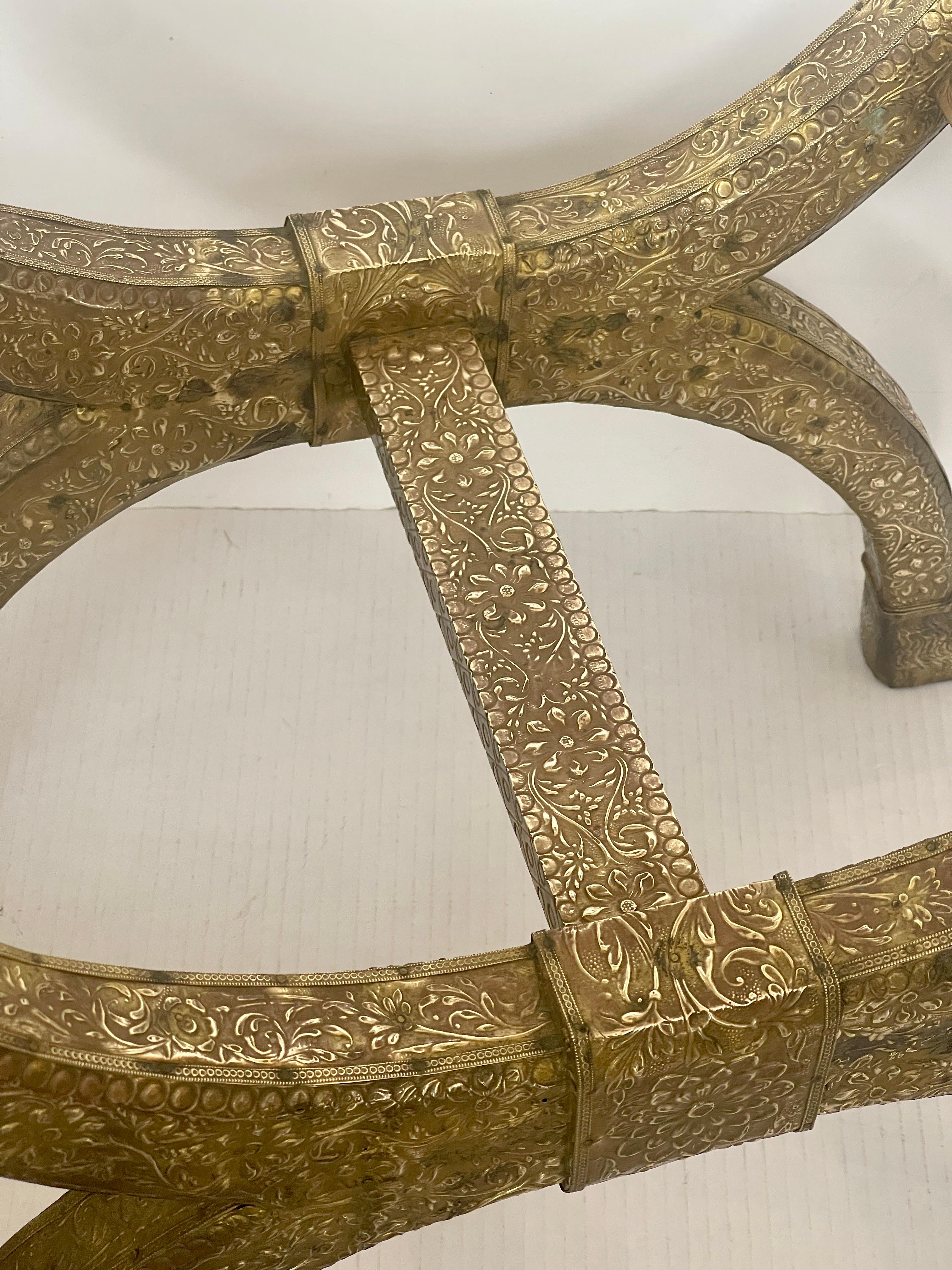 Anglo Indian  Brass-clad Embossed  Wood Stool, With Horse Heads 10