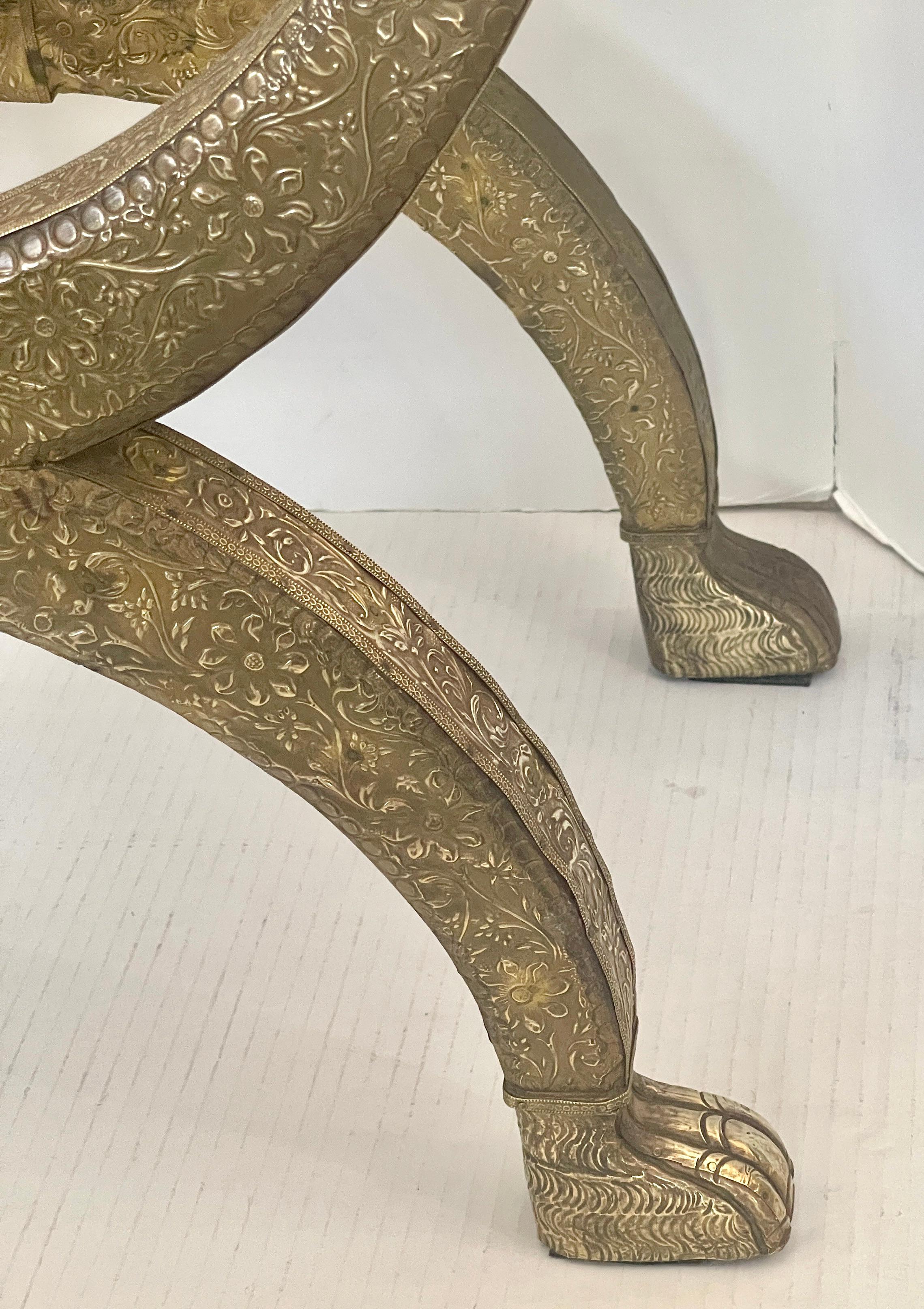 Anglo Indian  Brass-clad Embossed  Wood Stool, With Horse Heads 12