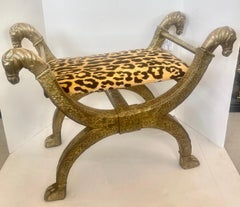 Anglo Indian  Brass-clad Embossed  Wood Stool, With Horse Heads