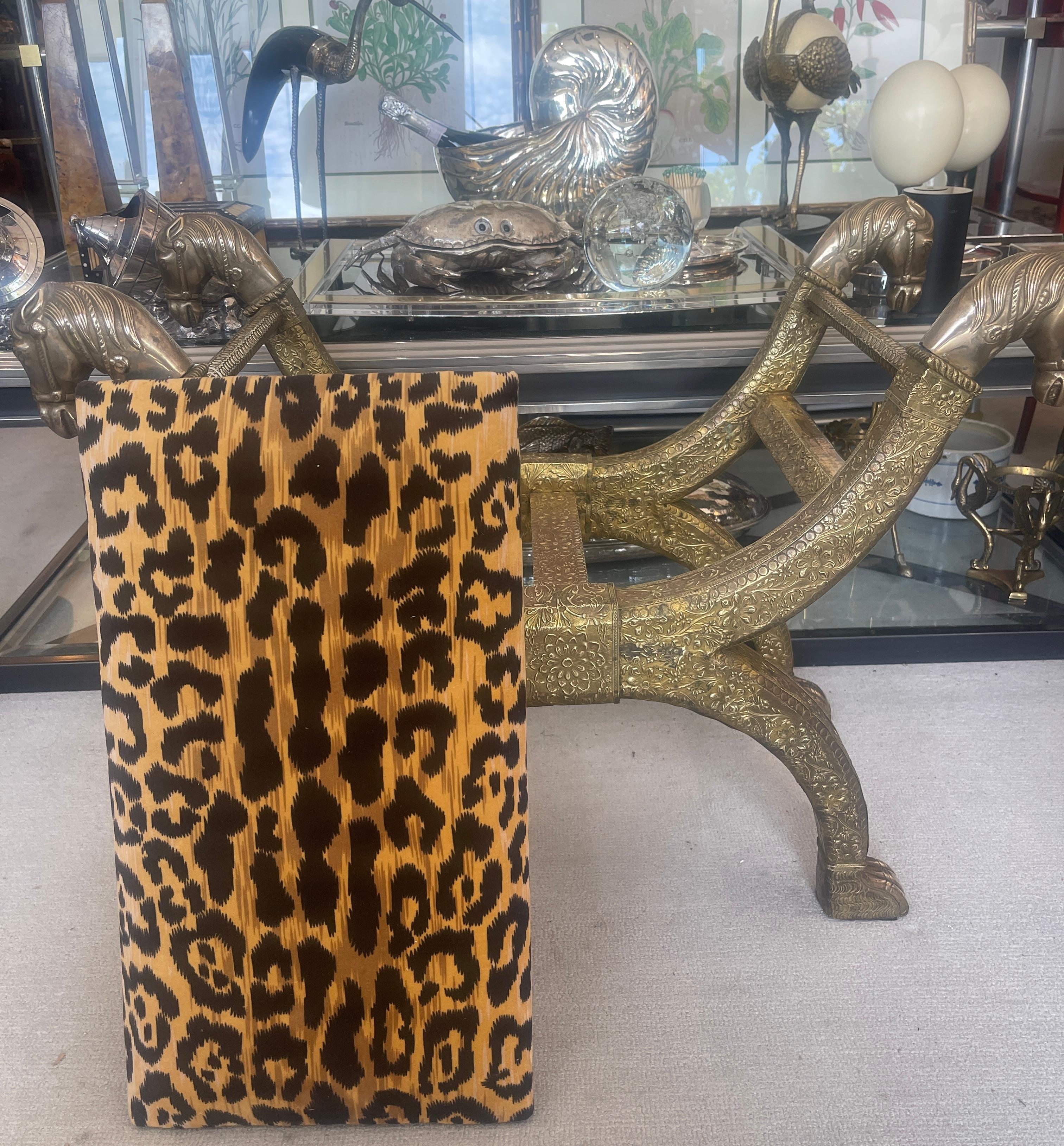 Anglo-Indian Anglo Indian  Brass-clad Embossed  Wood Stool, With Horse Heads