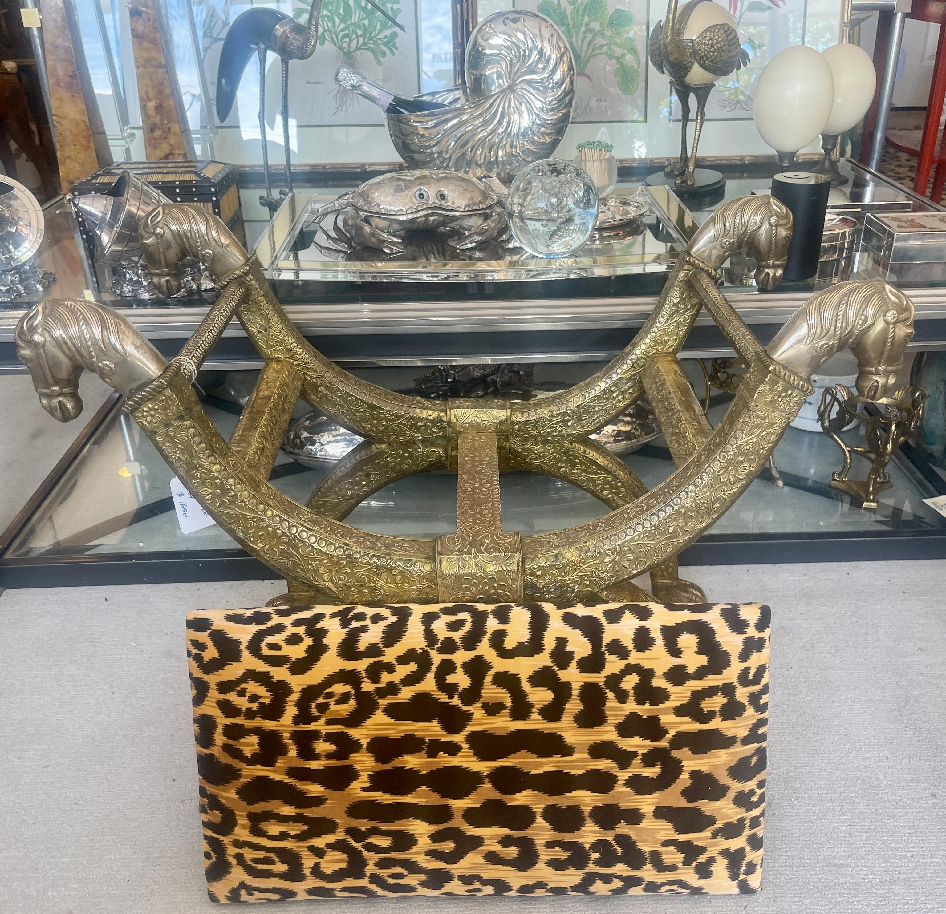 East Asian Anglo Indian  Brass-clad Embossed  Wood Stool, With Horse Heads