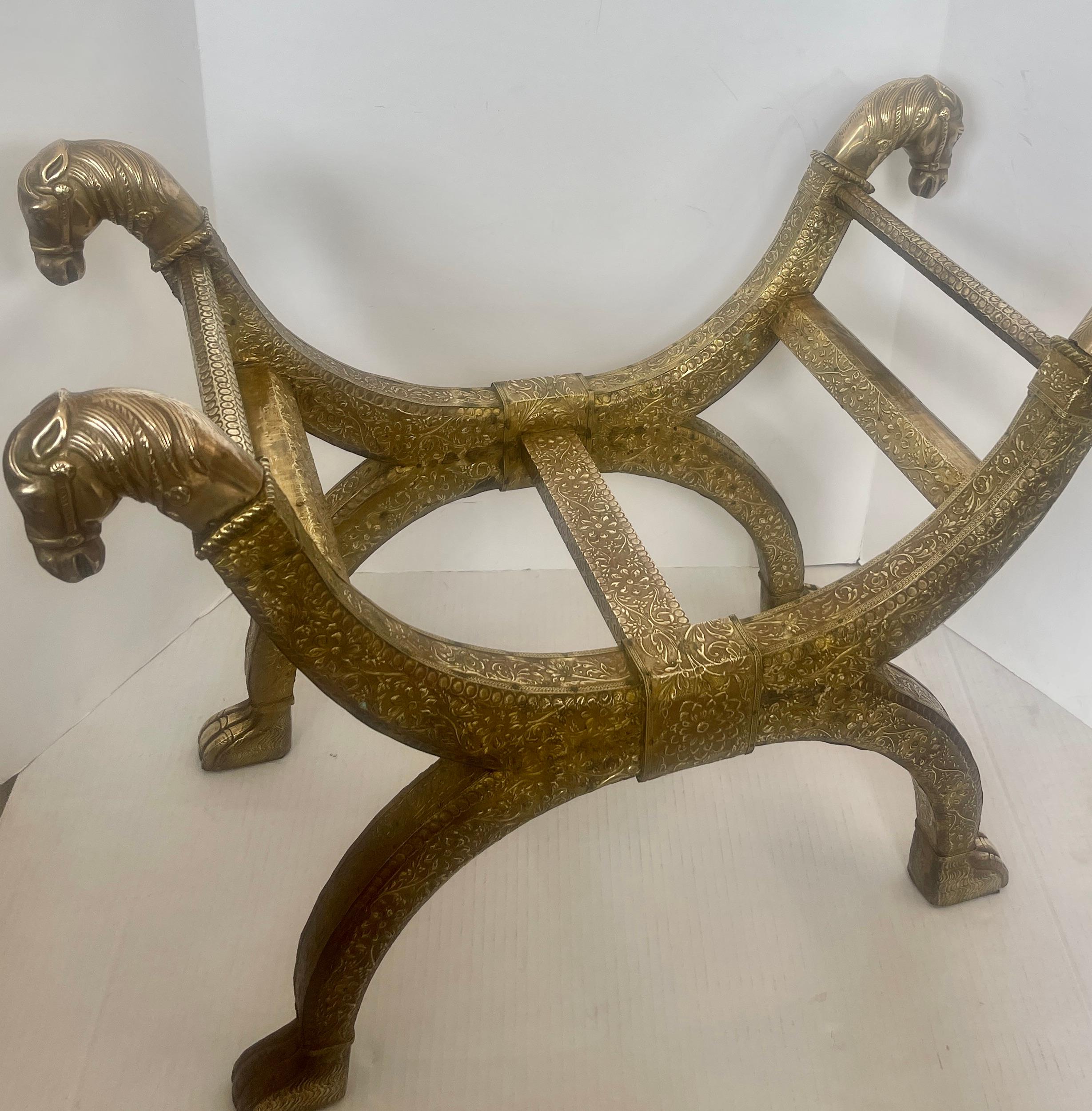 Hand-Crafted Anglo Indian  Brass-clad Embossed  Wood Stool, With Horse Heads