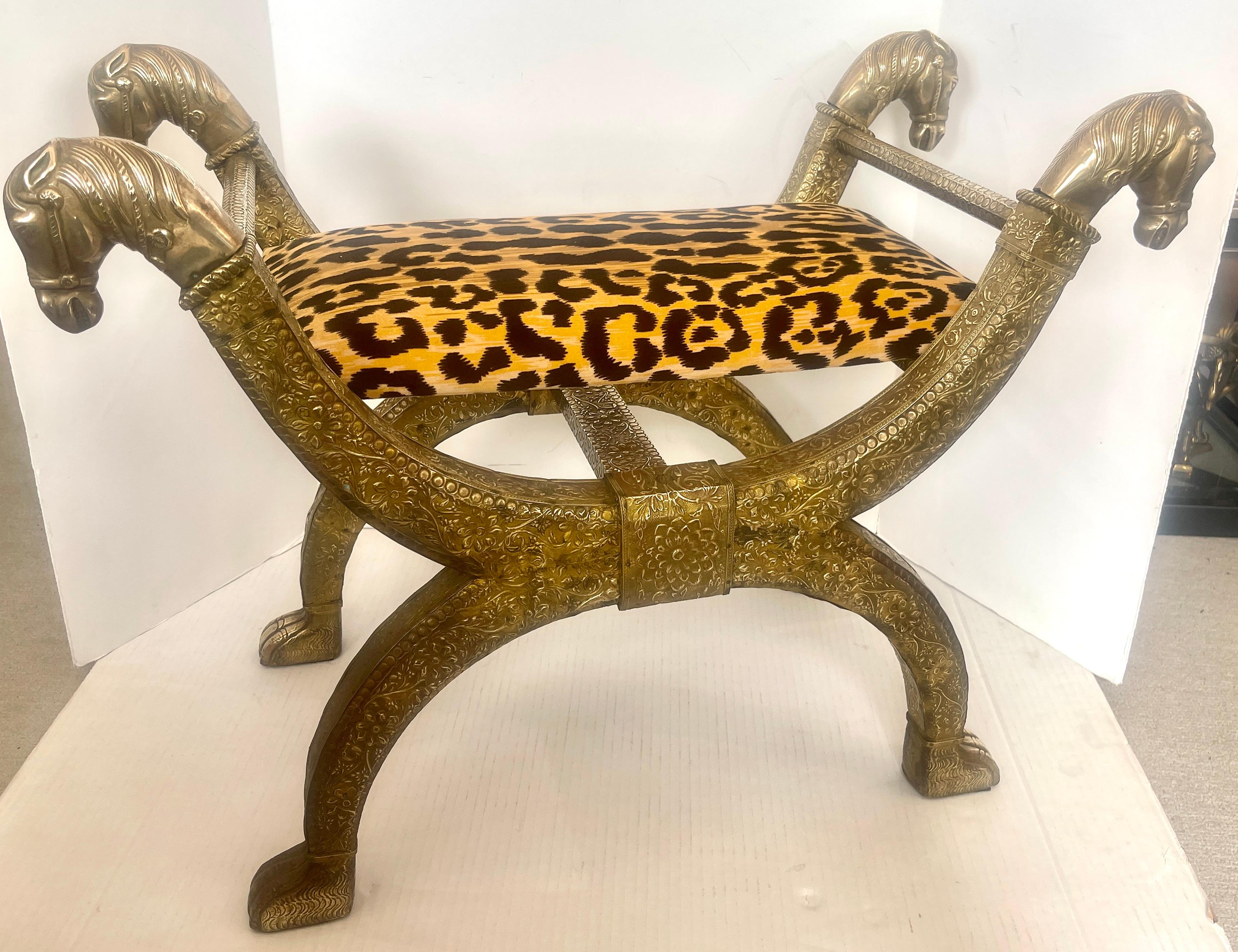 Anglo Indian  Brass-clad Embossed  Wood Stool, With Horse Heads In Good Condition In West Palm Beach, FL