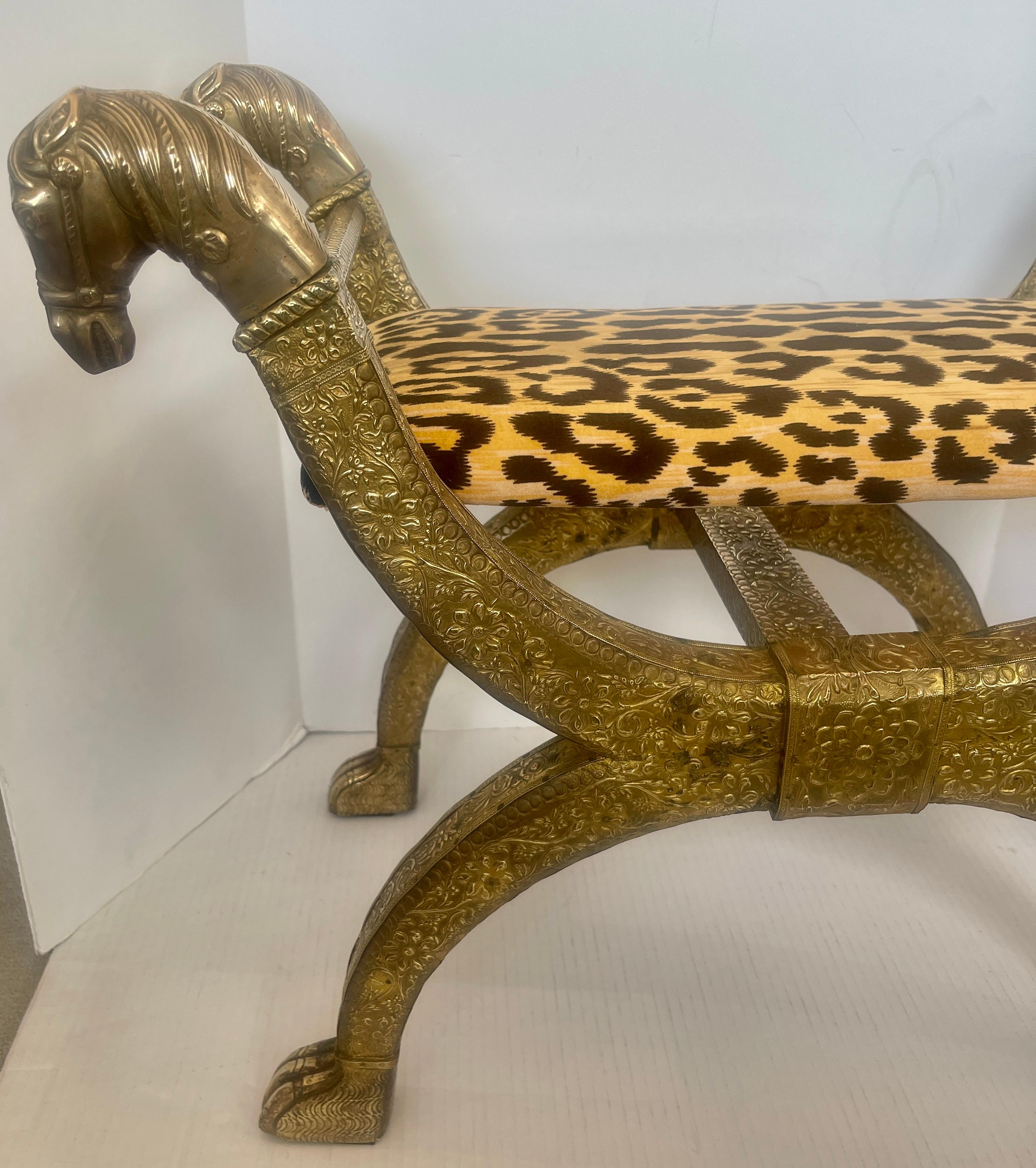 20th Century Anglo Indian  Brass-clad Embossed  Wood Stool, With Horse Heads