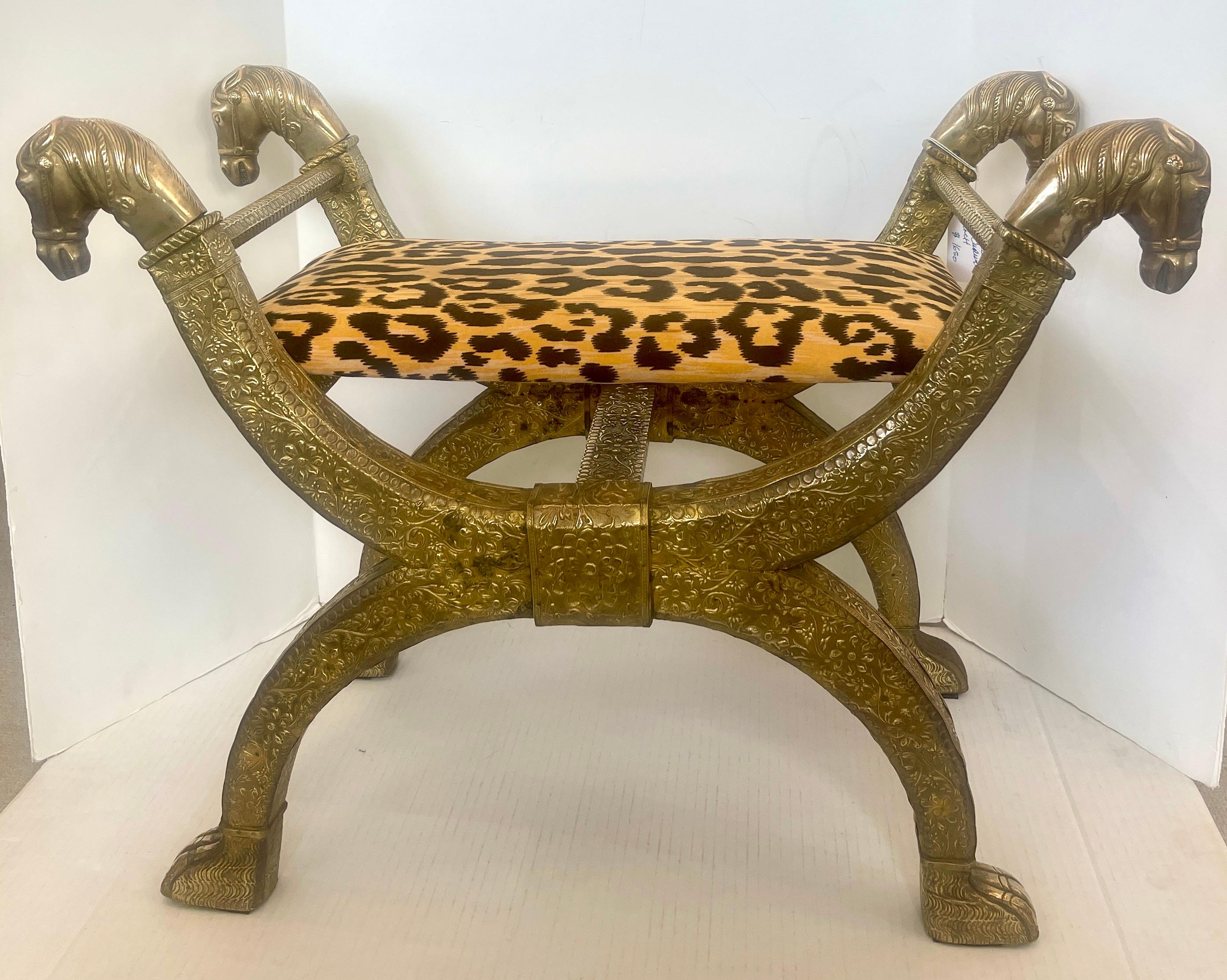 Anglo Indian  Brass-clad Embossed  Wood Stool, With Horse Heads 1