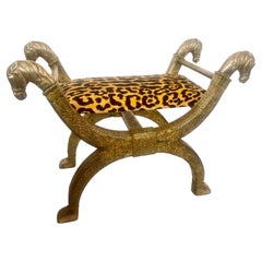 Anglo Indian  Brass-clad Embossed  Wood Stool, With Horse Heads