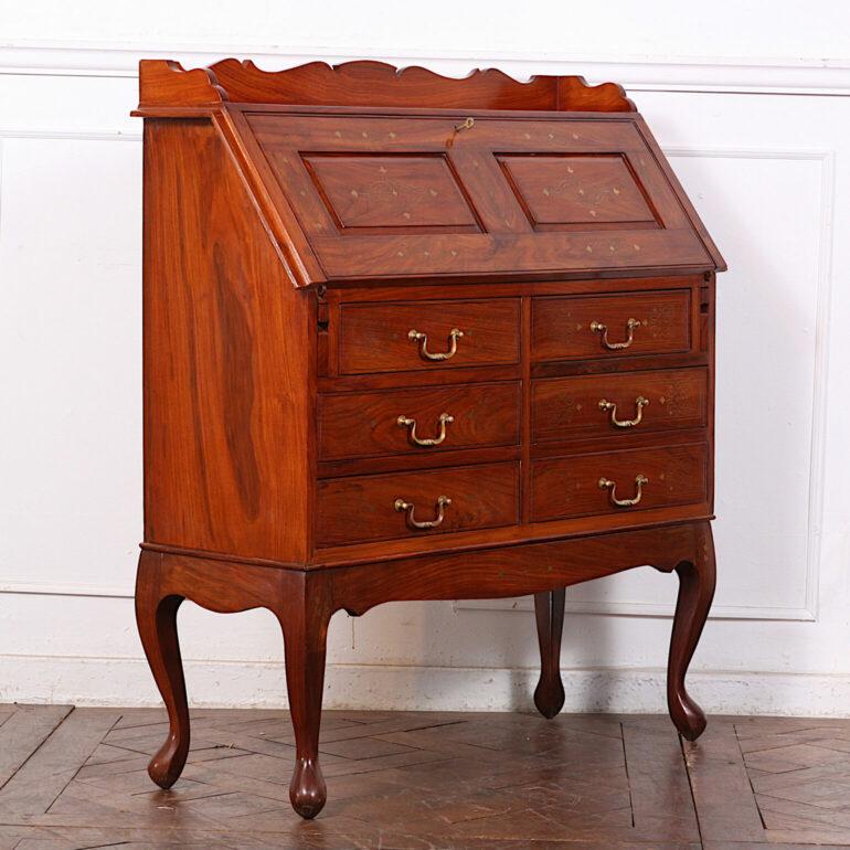 French Anglo-Indian Brass Inlaid Teak Drop-Front Desk