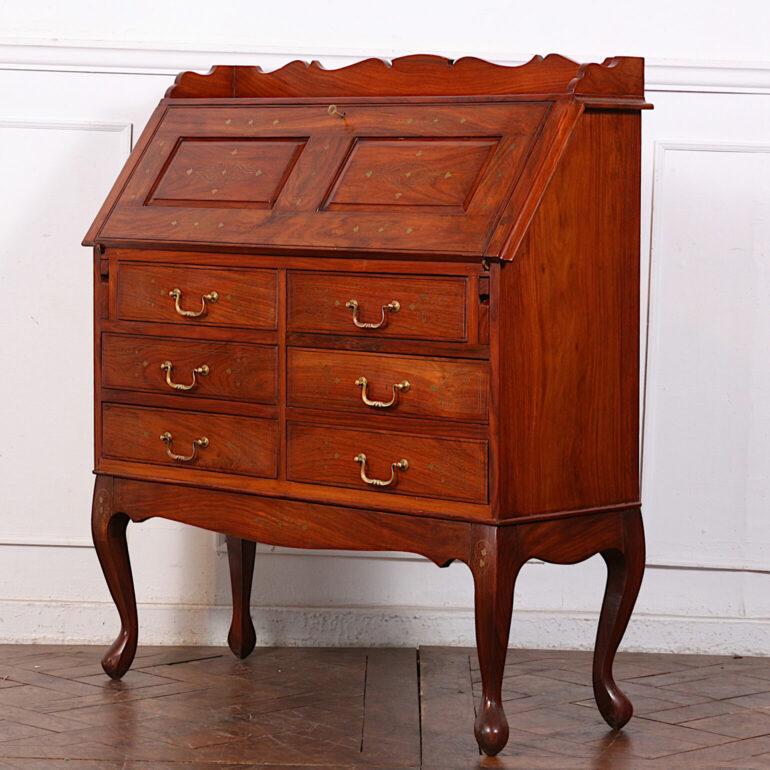 Inlay Anglo-Indian Brass Inlaid Teak Drop-Front Desk