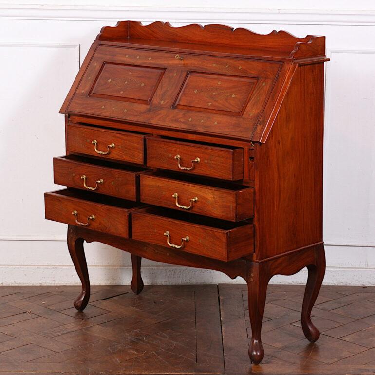 20th Century Anglo-Indian Brass Inlaid Teak Drop-Front Desk
