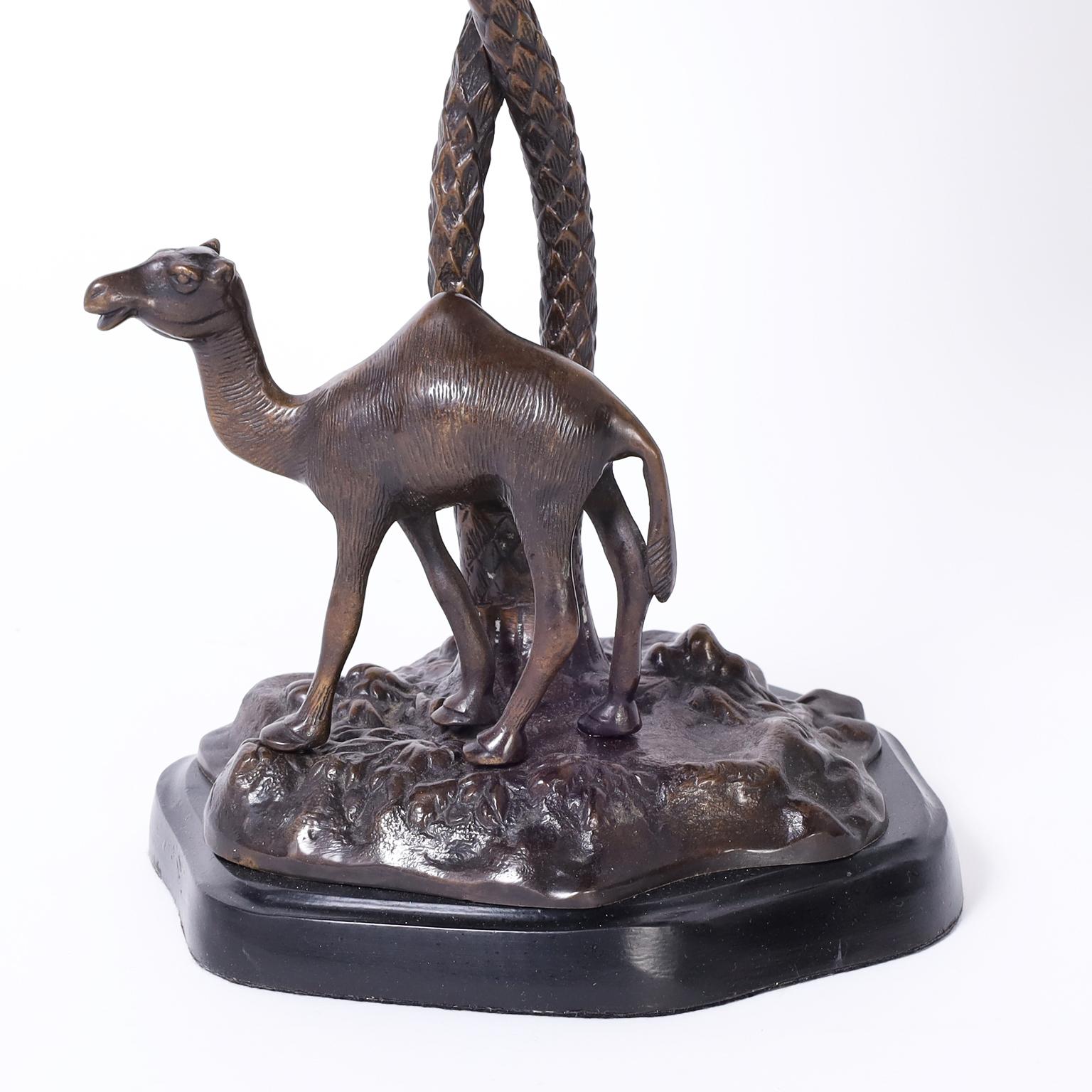Anglo Indian Bronze Serving Bowl on a Palm Tree Stand with Camel In Good Condition For Sale In Palm Beach, FL