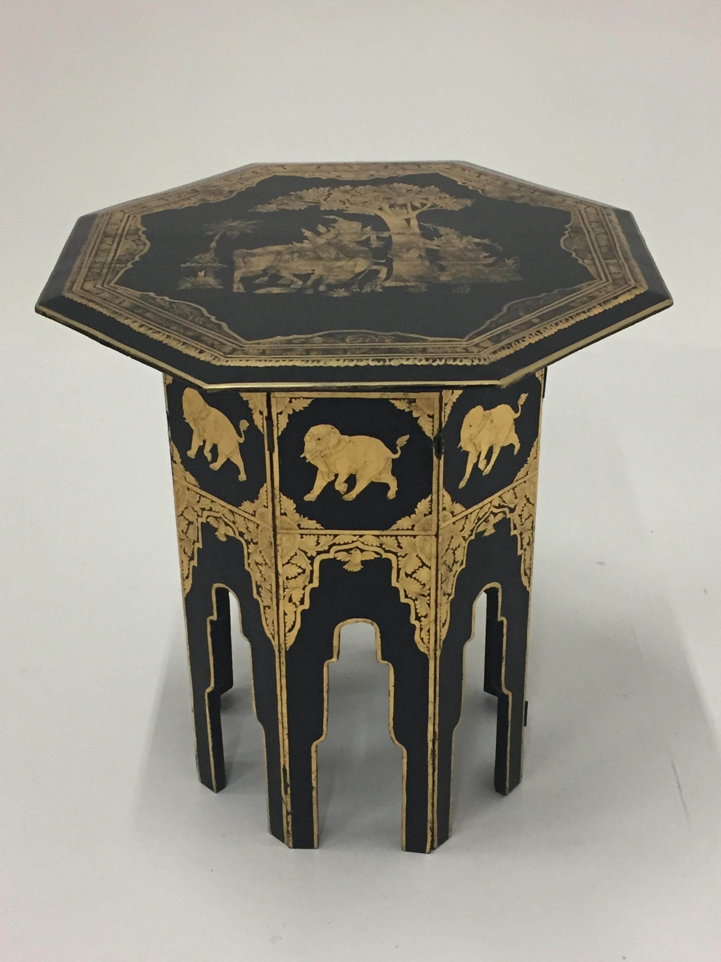 Anglo-Indian Burmese Black and Gold Octagonal End Table In Excellent Condition In Hopewell, NJ
