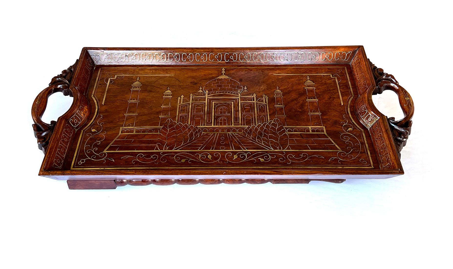 Inlay Anglo Indian Butlers-Style Inlaid Wooden Traveling Table Depicting Taj Mahal