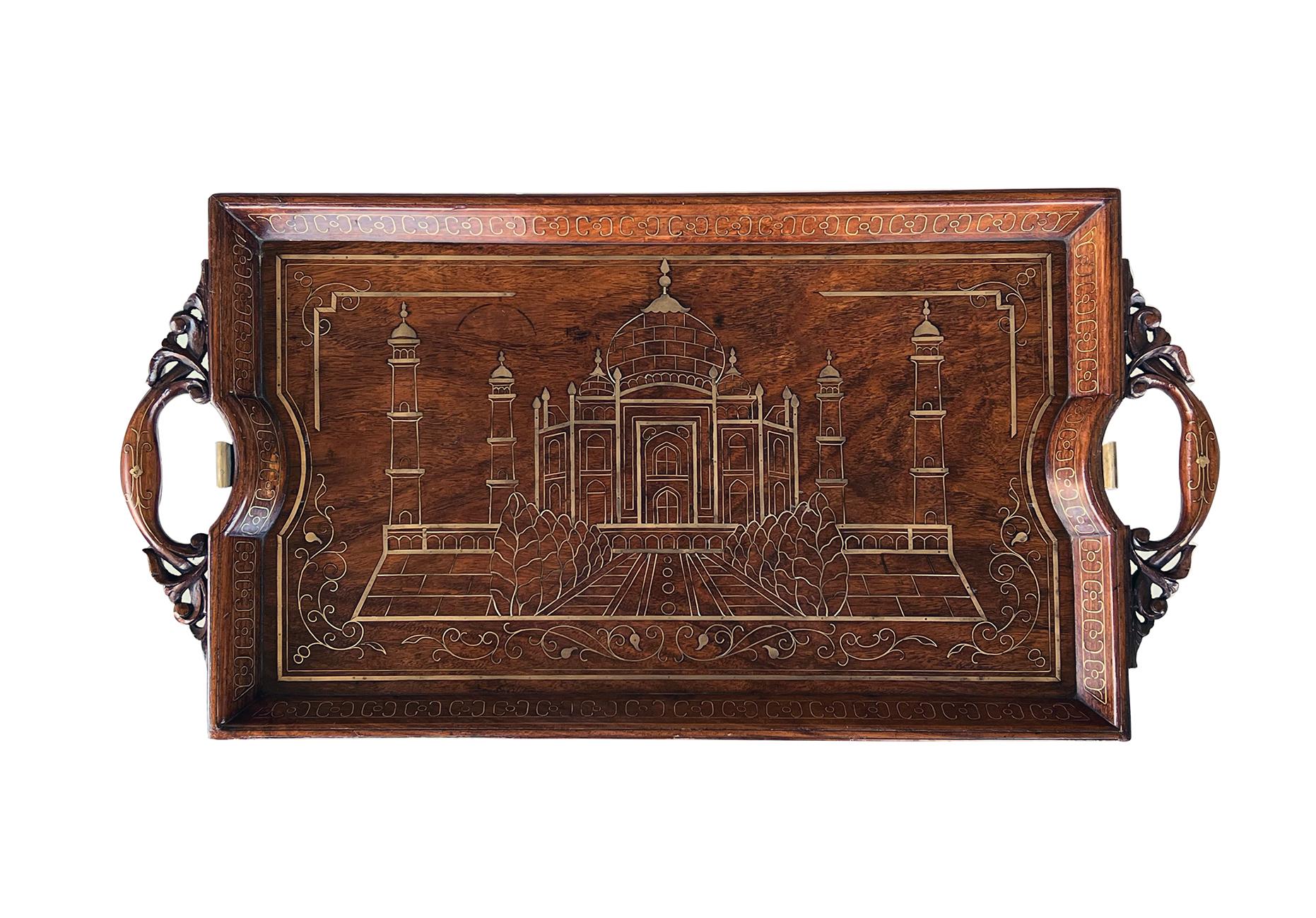 19th Century Anglo Indian Butlers-Style Inlaid Wooden Traveling Table Depicting Taj Mahal