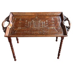 Antique Anglo Indian Butlers-Style Inlaid Wooden Traveling Table Depicting Taj Mahal
