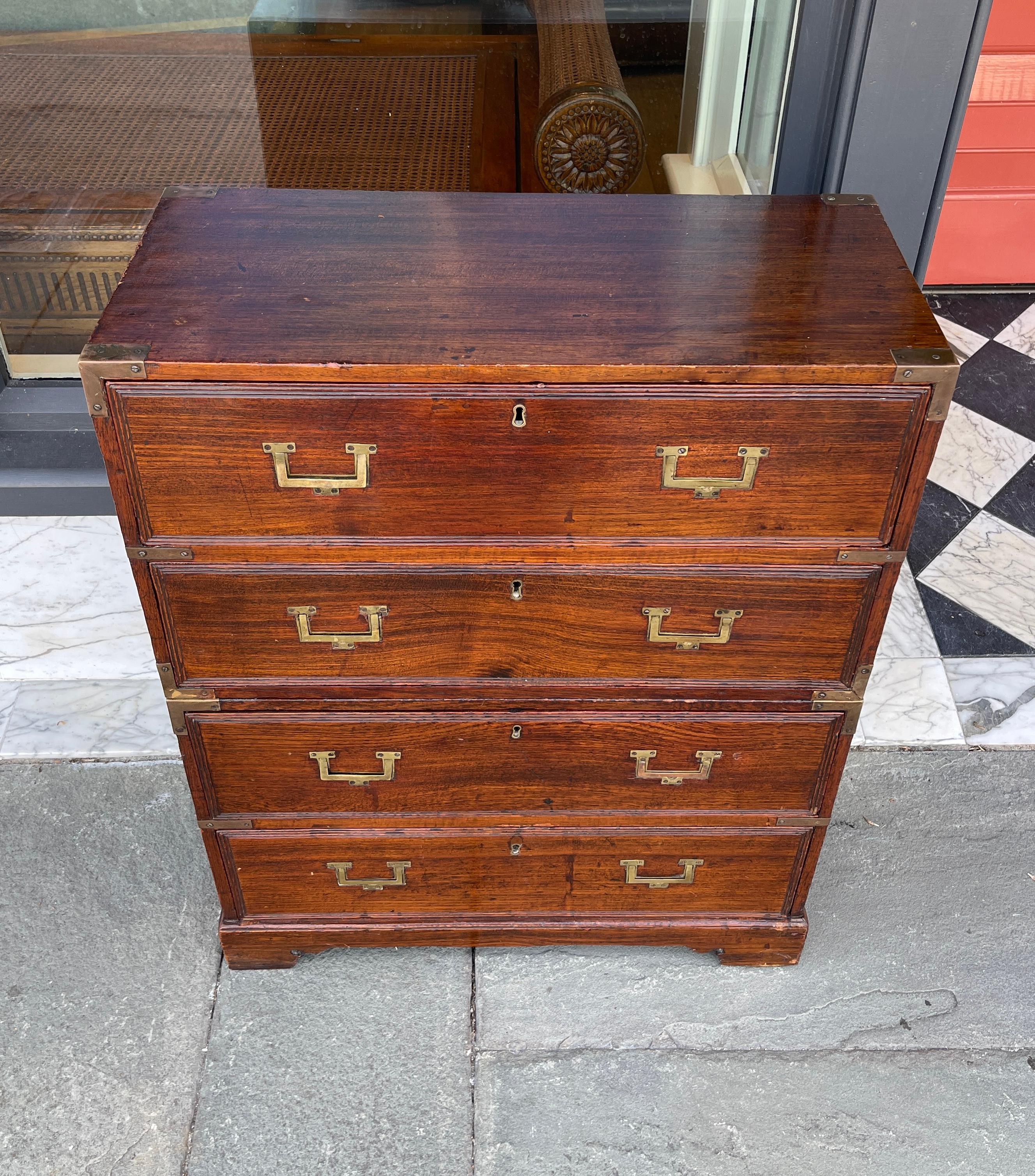 Anglo Indian campaign chest in two parts late 19th century  In Good Condition In Charleston, SC