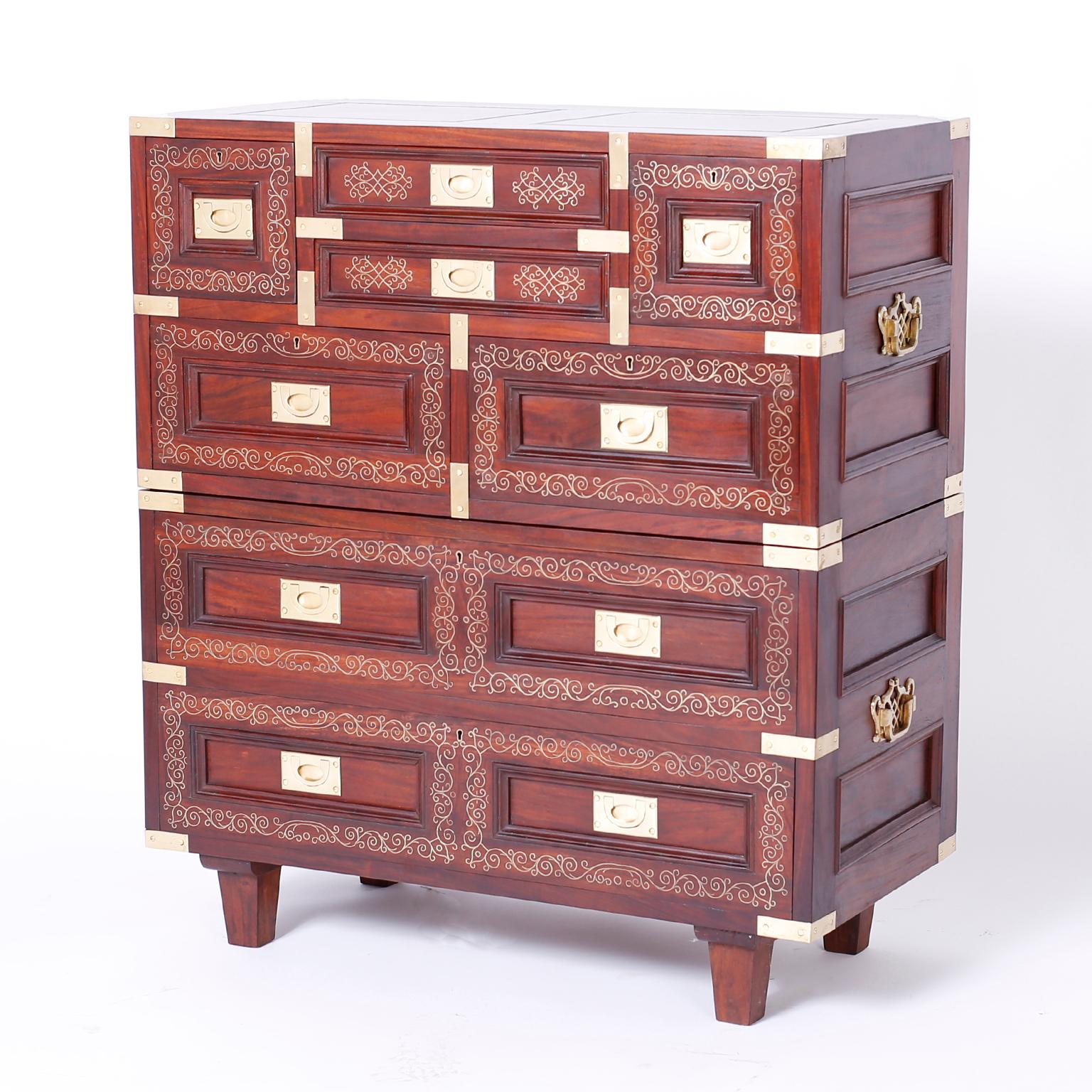 Inlay Anglo Indian Campaign Style Rosewood Chest or Nightstands For Sale