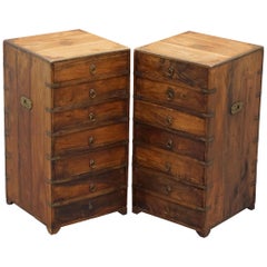 Anglo-Indian Camphor Wood Military Campaign Chest of Drawers Bedside Table, Pair
