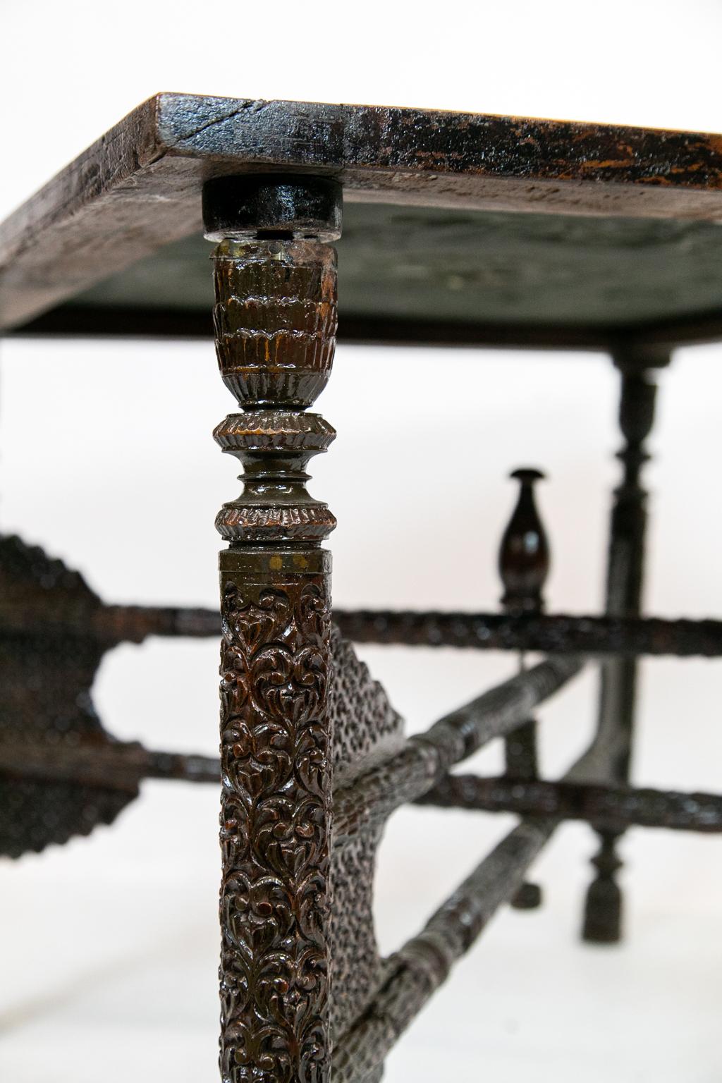 Teak Anglo Indian Carved Brass top Table For Sale