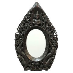 Anglo-indischer geschnitzter & ebonisierter netzartiger Hartholz-Spiegel mit Buddha & Drachen