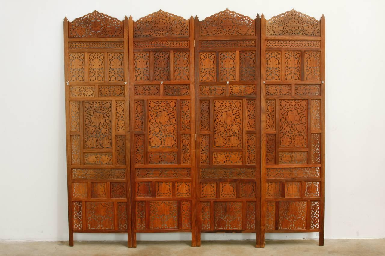 Anglo-Indian Carved Four Panel Foliate Teak Screen 6