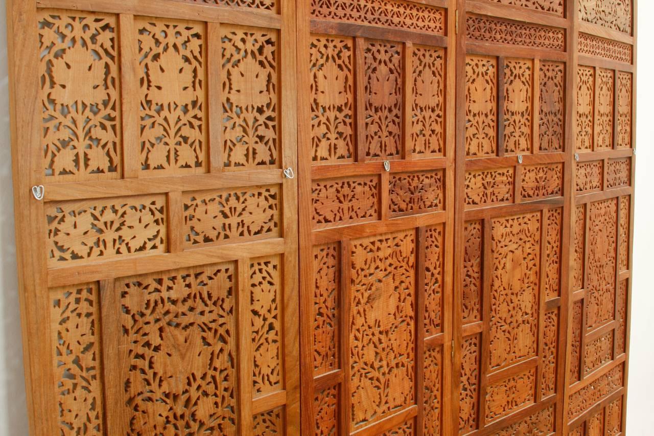 Anglo-Indian Carved Four Panel Foliate Teak Screen 7
