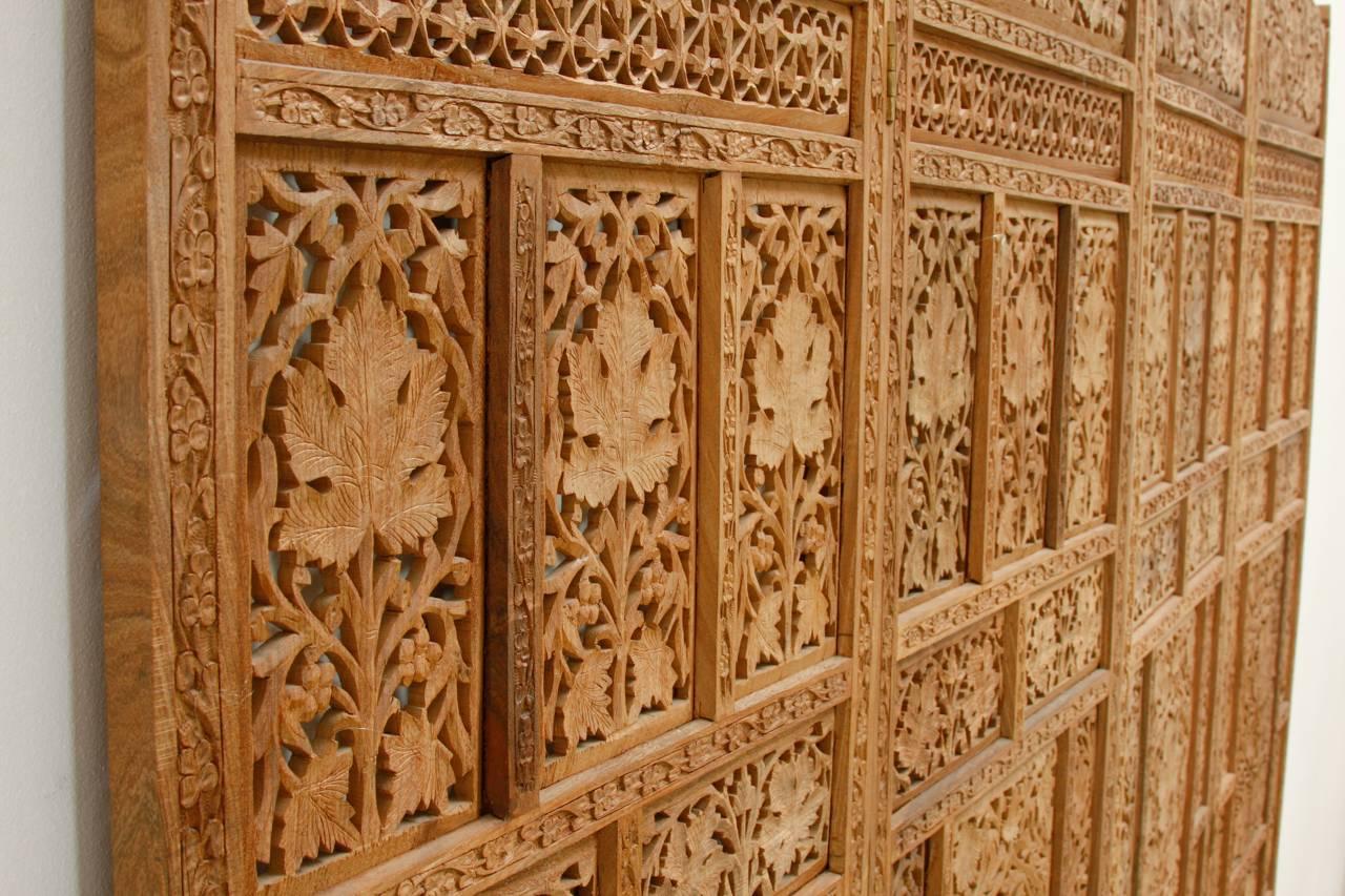 20th Century Anglo-Indian Carved Four Panel Foliate Teak Screen