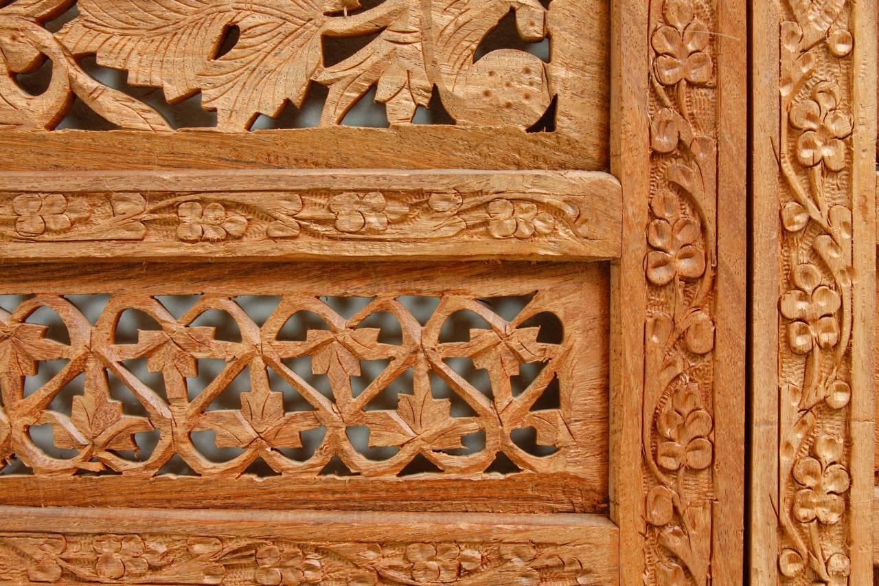 Anglo-Indian Carved Four Panel Foliate Teak Screen 1