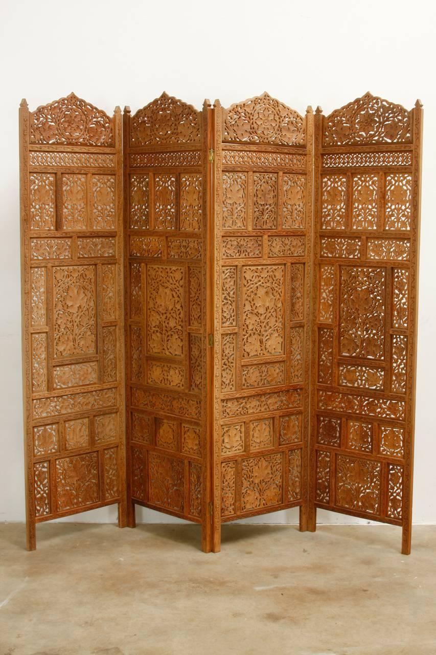 Anglo-Indian Carved Four Panel Foliate Teak Screen 4