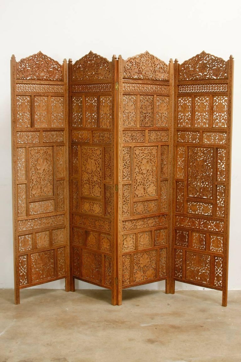 AngloIndian Carved Four Panel Foliate Teak Screen at 1stDibs