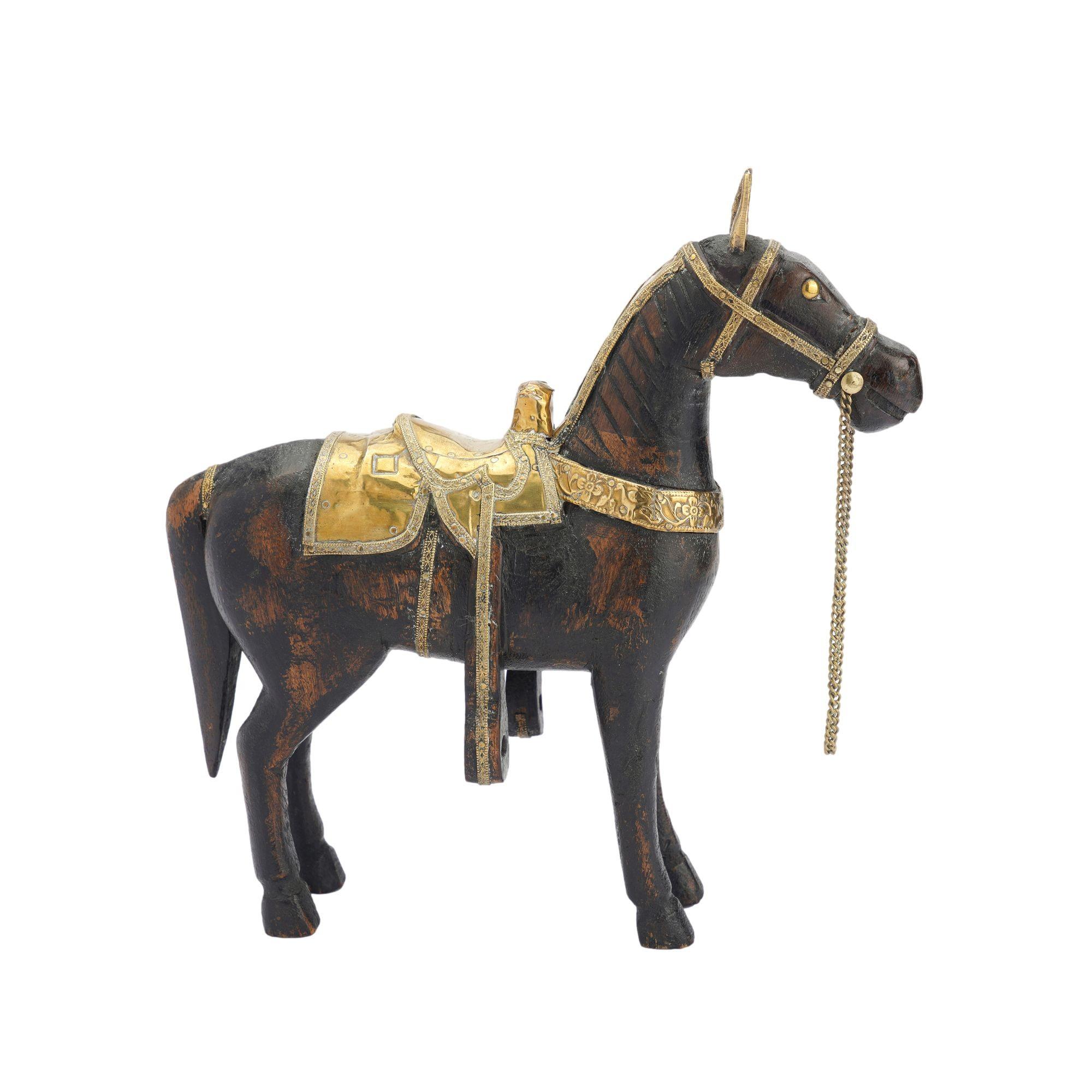 Brass Anglo-Indian carved mango wood Marwari war horse figurine, 1800's For Sale