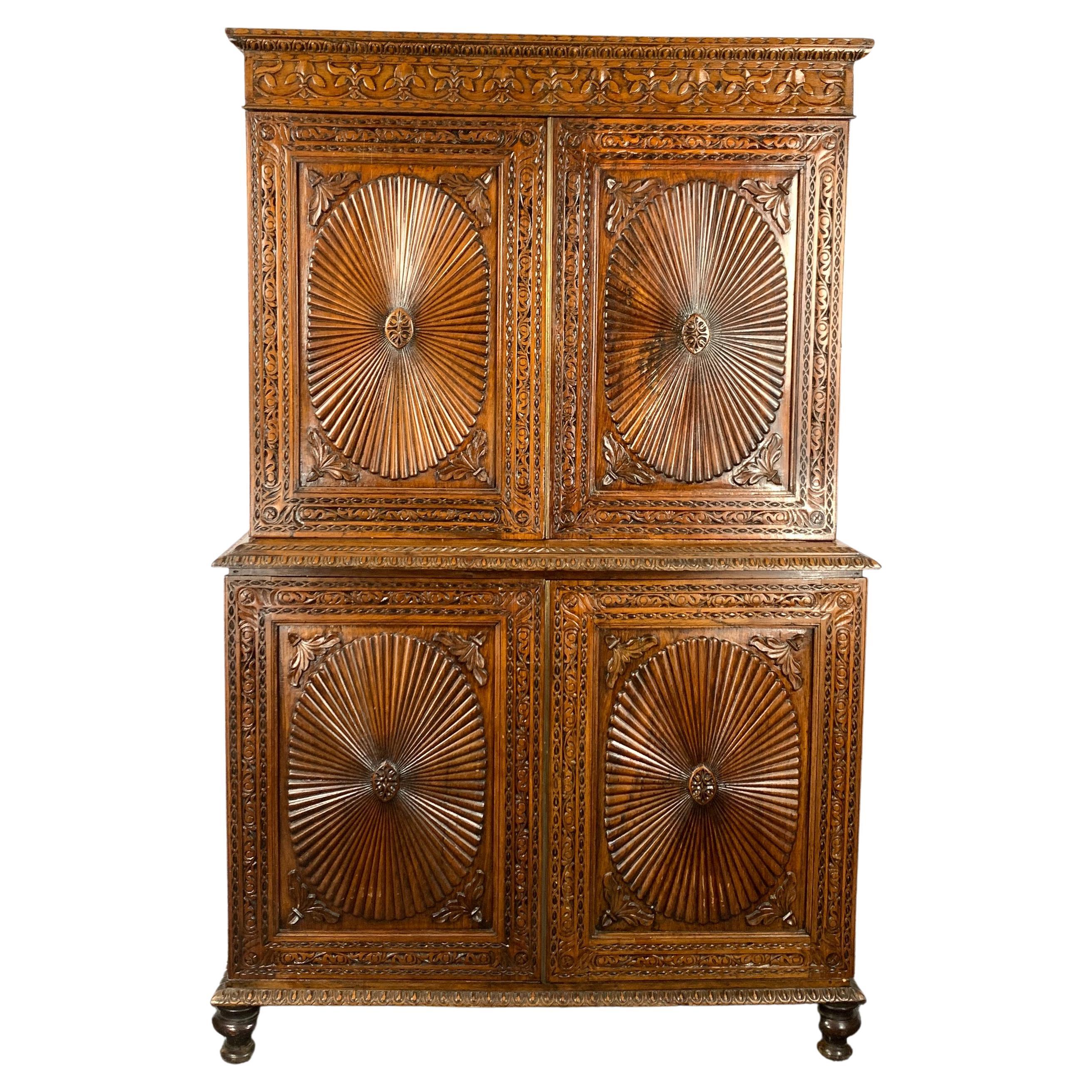 Anglo-Indian Carved Padouk Linen Press For Sale