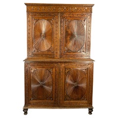 Used Anglo-Indian Carved Padouk Linen Press