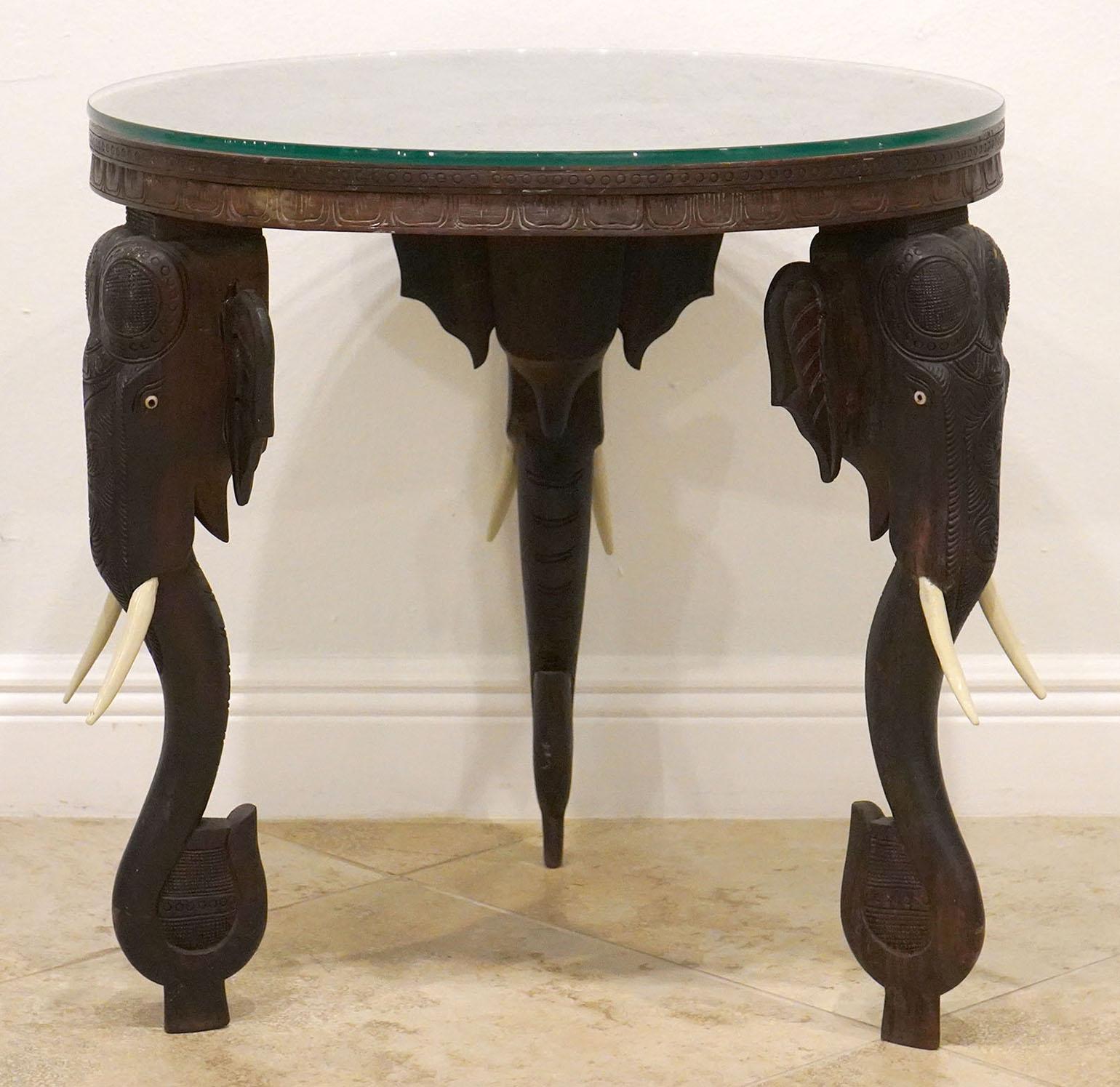 Anglo Indian Carved Round Table Elephant Supports Late 19th C. With Carved Top In Good Condition In Ft. Lauderdale, FL