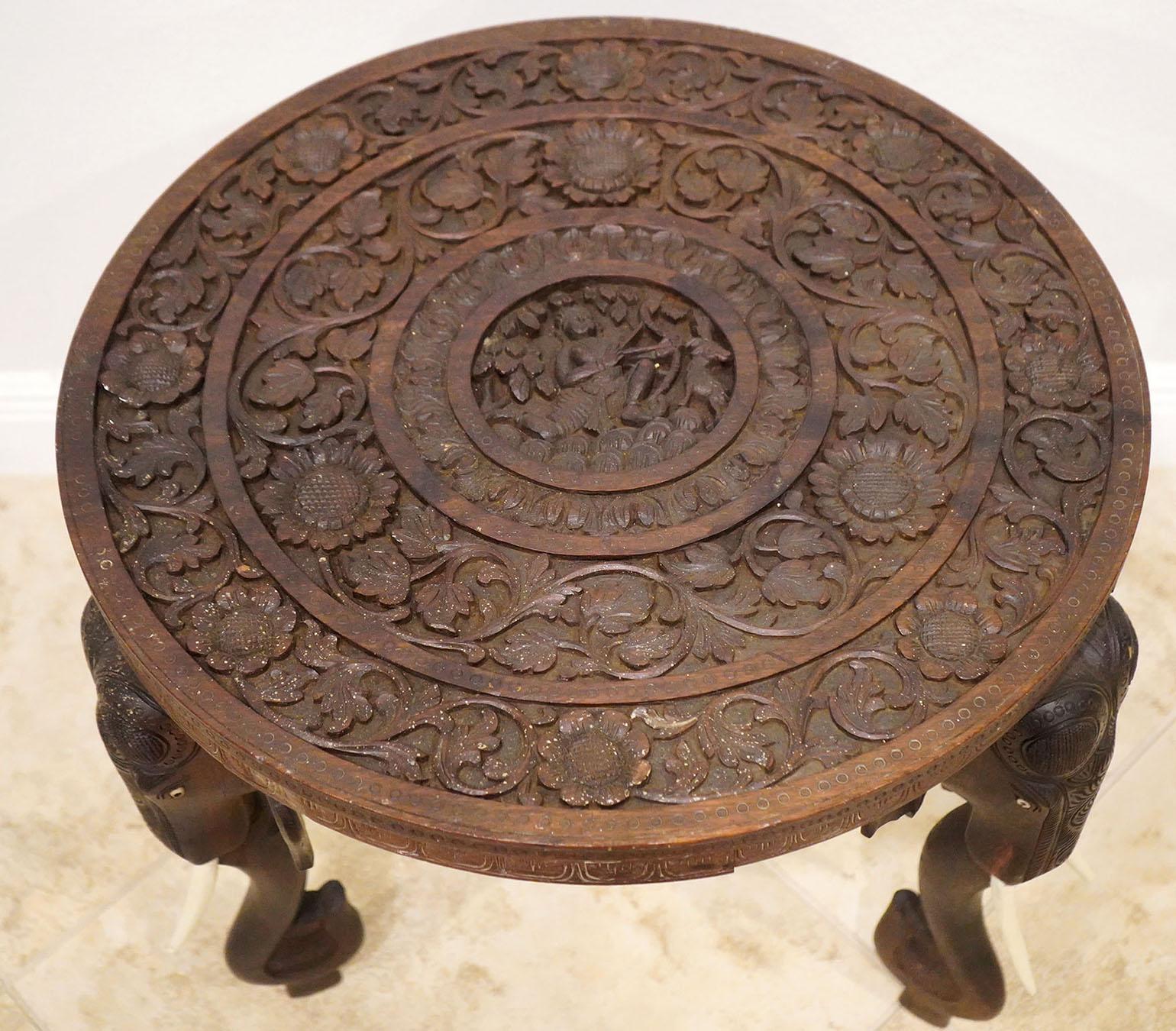 Wood Anglo Indian Carved Round Table Elephant Supports Late 19th C. With Carved Top