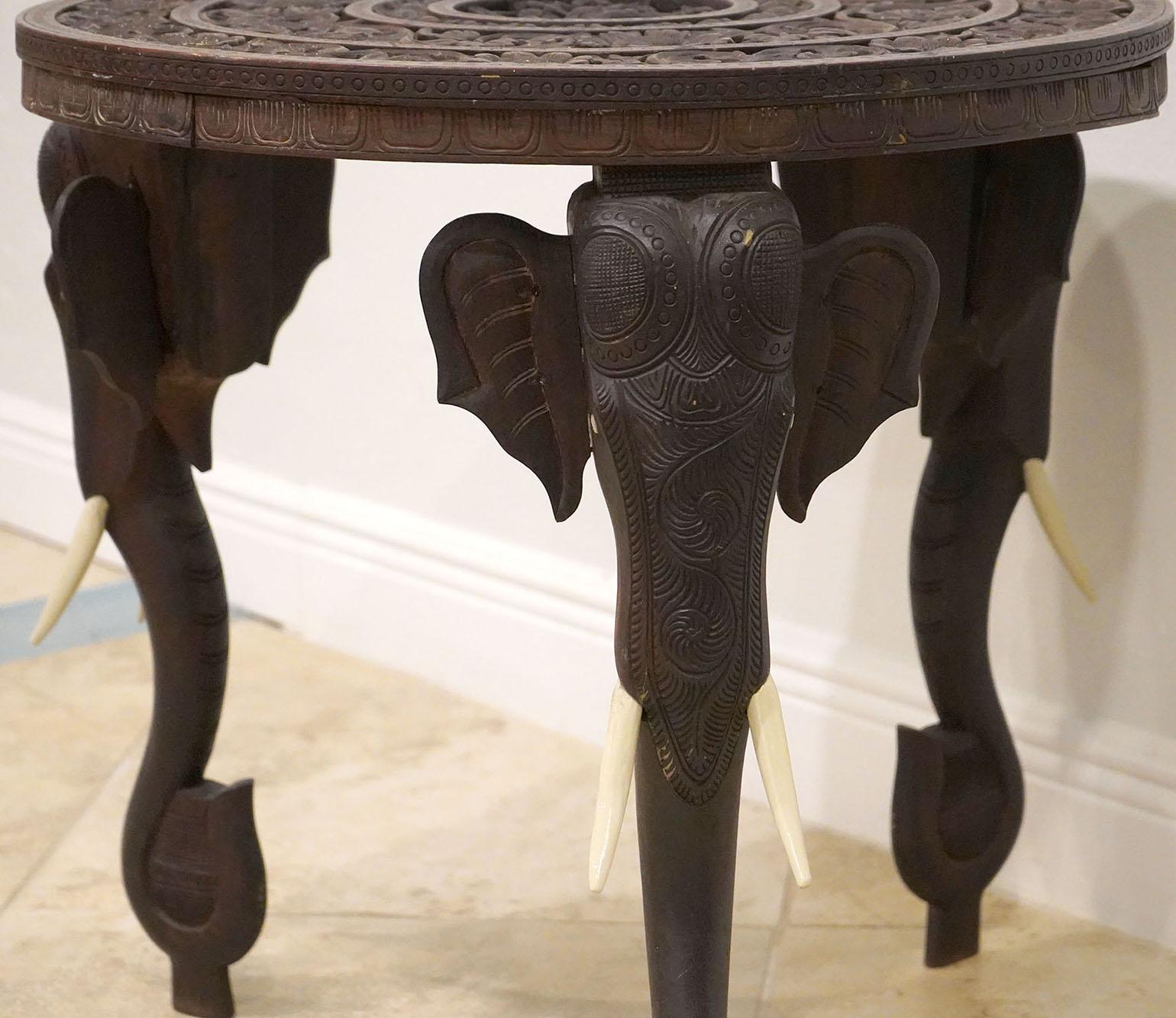 Anglo Indian Carved Round Table Elephant Supports Late 19th C. With Carved Top 2