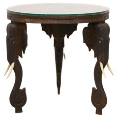 Anglo Indian Carved Round Table Elephant Supports Late 19th C. With Carved Top