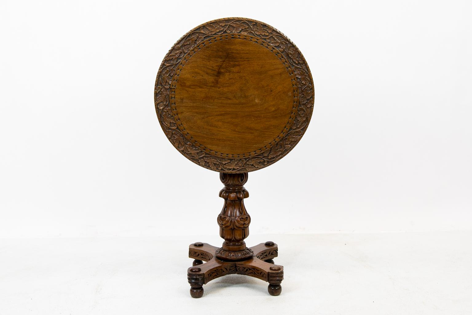 Teak Anglo Indian Carved Tilt Top Table For Sale