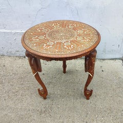 Anglo Indian Carved Wood and Inlaid Round Table with Elephants