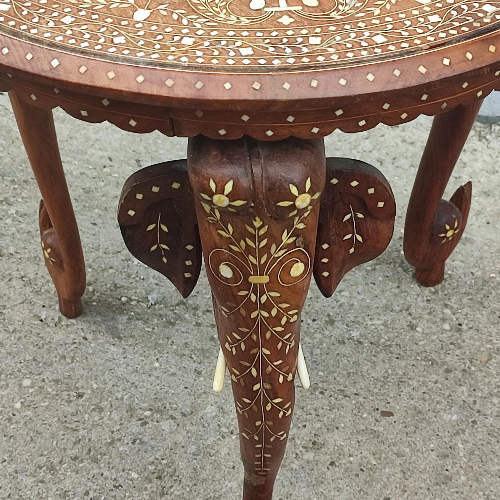 European Anglo Indian Carved Wood and Inlaid Round Table with Elephants  For Sale